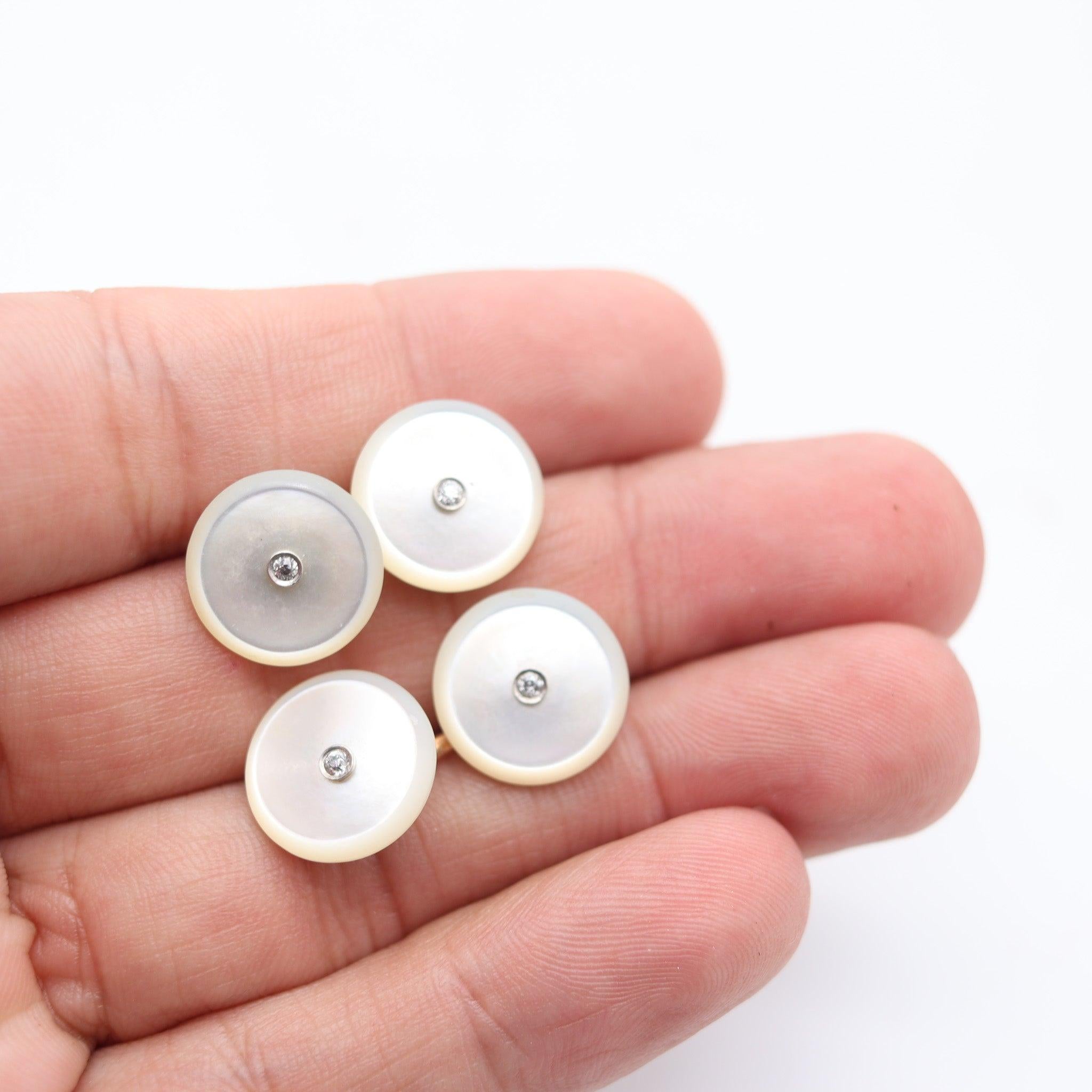 Women's or Men's J.B. CALDWELL 1925 Art Deco Nacre Cufflinks In 14Kt Gold With Diamonds In Box For Sale