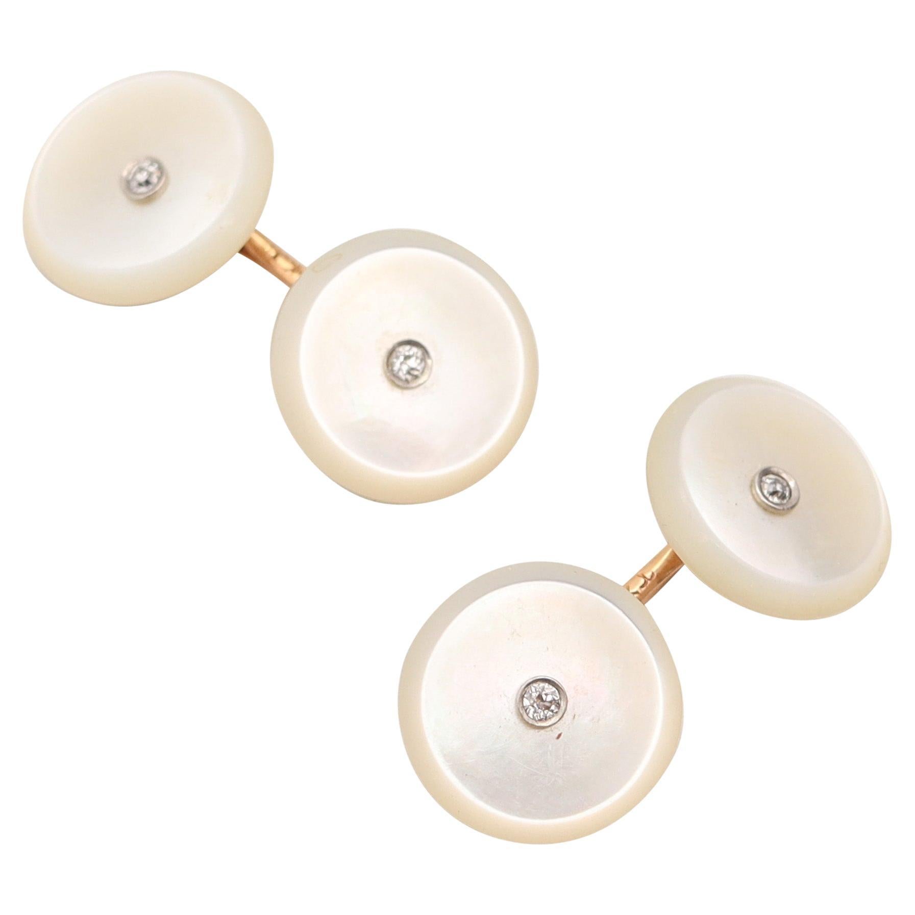 J.B. CALDWELL 1925 Art Deco Nacre Cufflinks In 14Kt Gold With Diamonds In Box For Sale