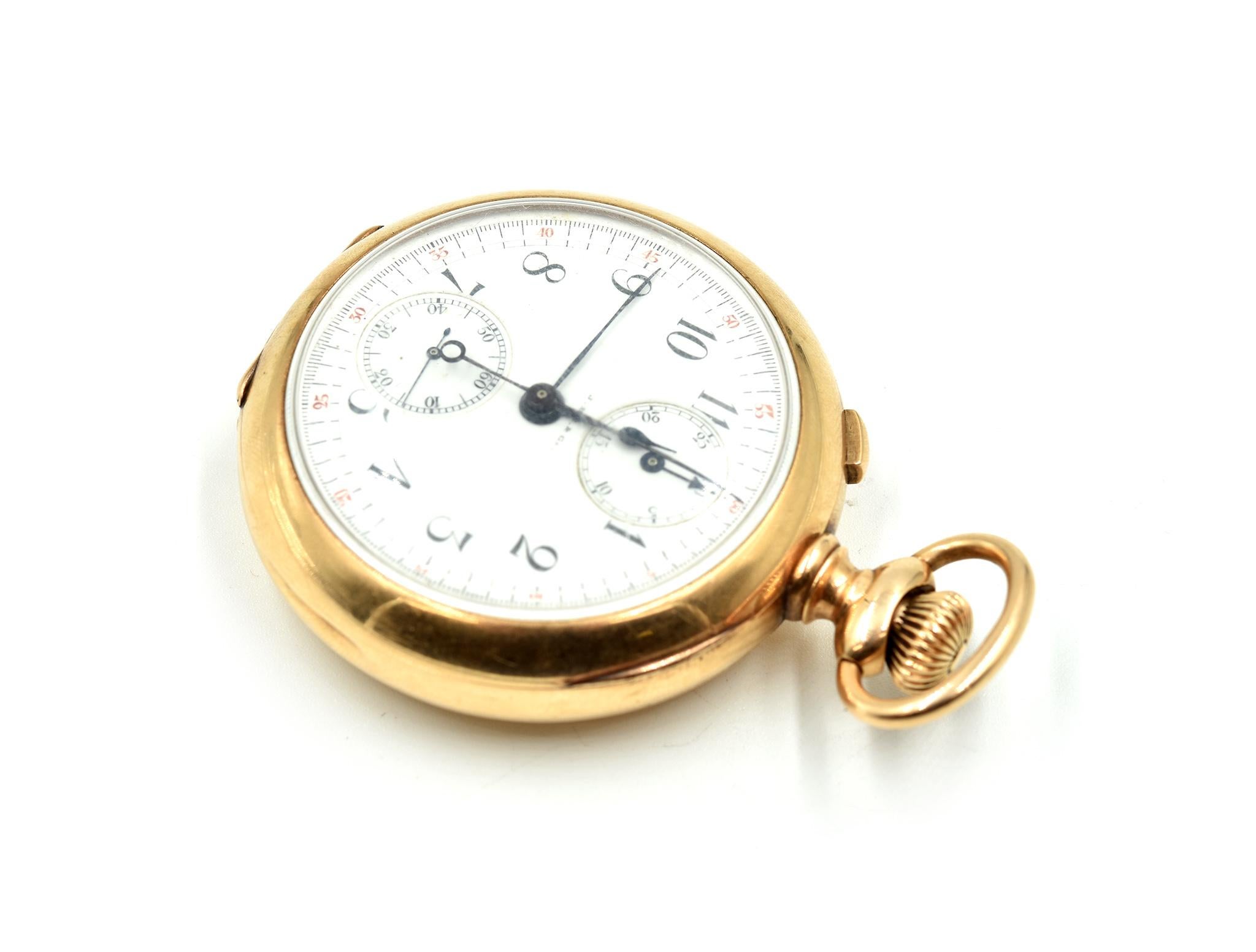 Movement: manual wind, adjusted, triple signed 
Function: hours, minutes, sub seconds, split second chronograph 
Case: 51mm 14k yellow gold case, acrylic crystal 
Dial: white dial, blue hands, black Arabic numerals
Weight: 127.13 grams
Serial #: