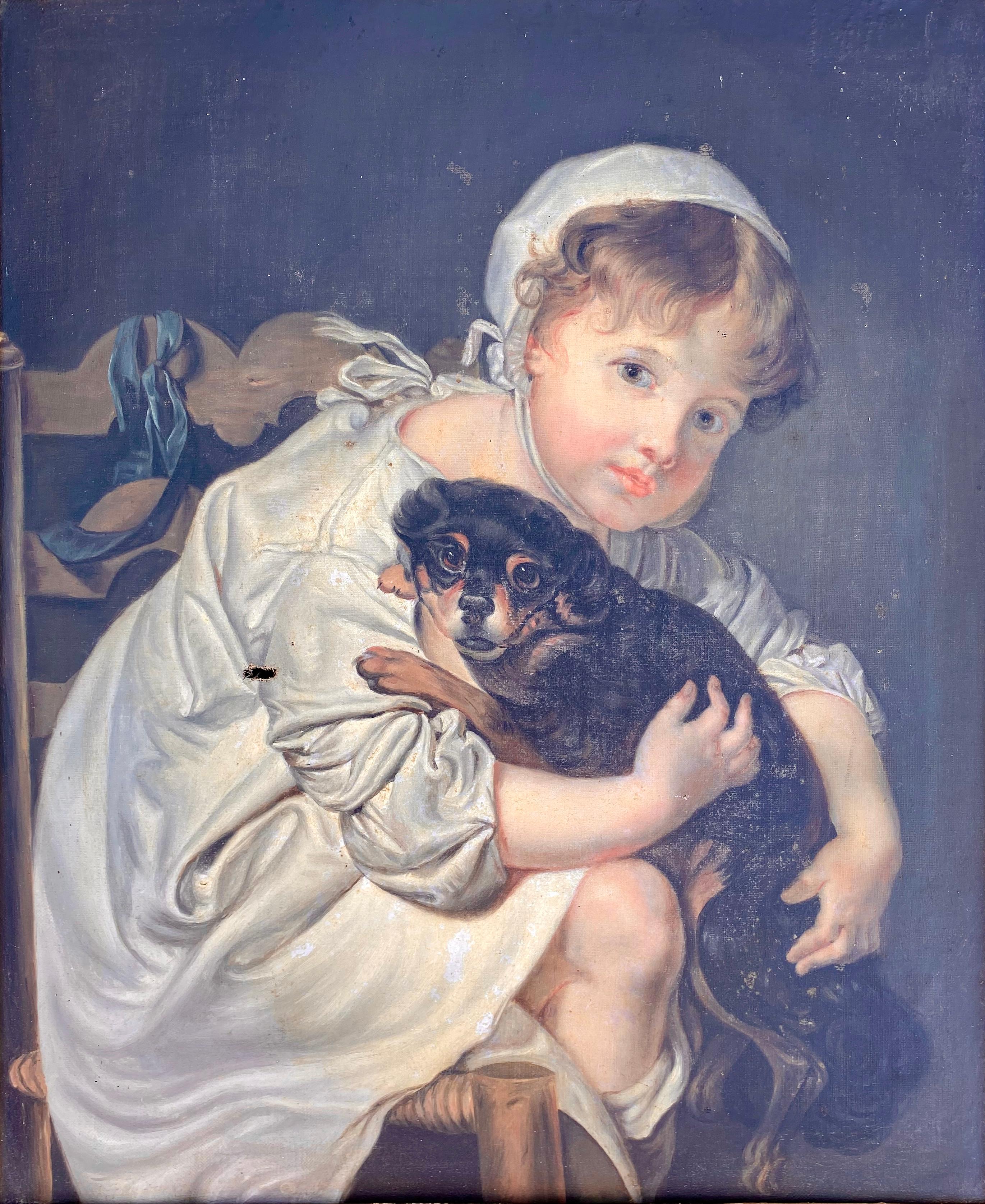 Very beautiful reproduction of Jean-Baptiste Greuze representing a child with his dog in his arms. Oil on framed canvas dating from the 19th century. A small hole to report on the canvas.

Dimensions
With frame - l 65.5cm x H 77cm
Without frame - l
