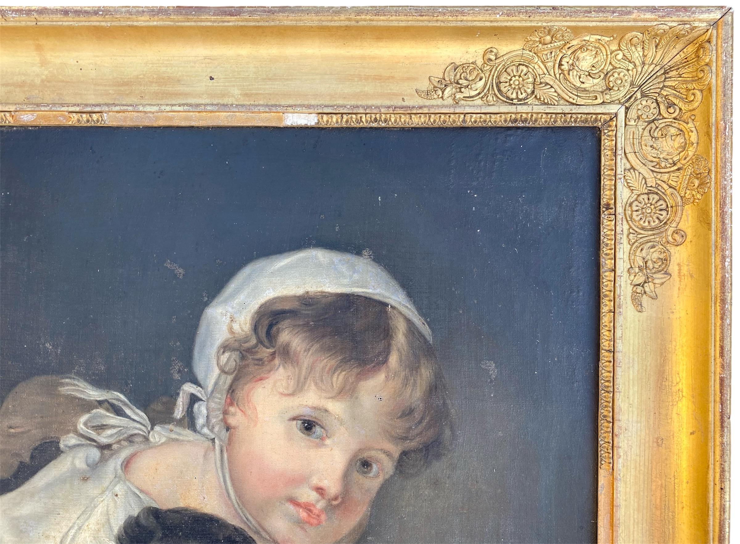 JB GREUZE - Little Girl and Her Dog, Painting, oil on canvas, XIXth century For Sale 1