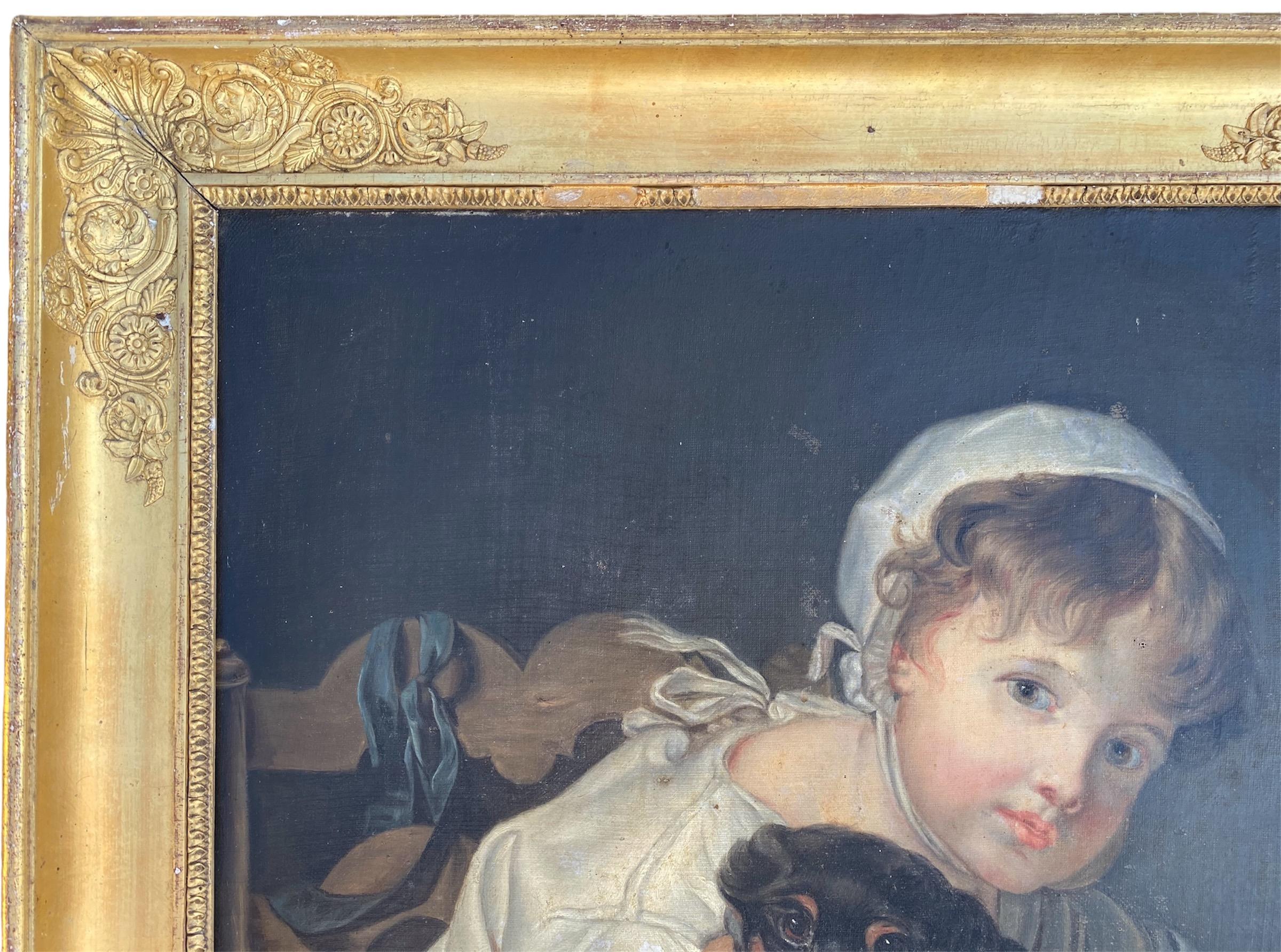 JB GREUZE - Little Girl and Her Dog, Painting, oil on canvas, XIXth century For Sale 2