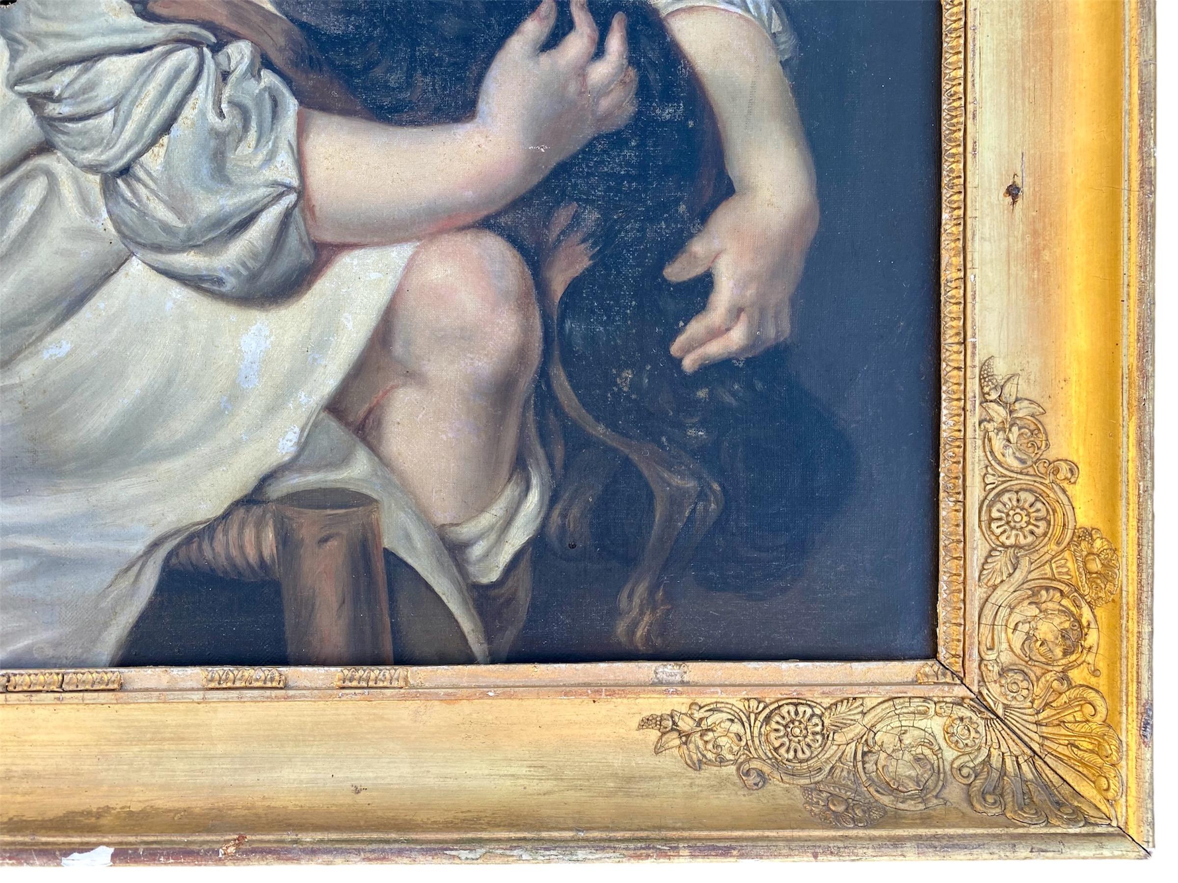 JB GREUZE - Little Girl and Her Dog, Painting, oil on canvas, XIXth century For Sale 3