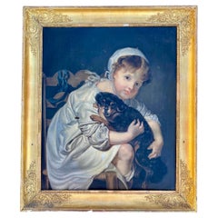 JB GREUZE - Little Girl and Her Dog, Painting, oil on canvas, XIXth century