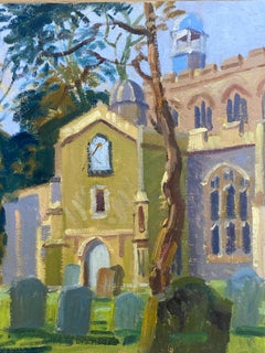 20th Century English Impressionist Oil Sunny Churchyard Landscape