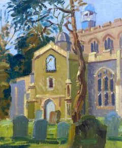 20th Century English Impressionist Oil Sunny Churchyard Landscape