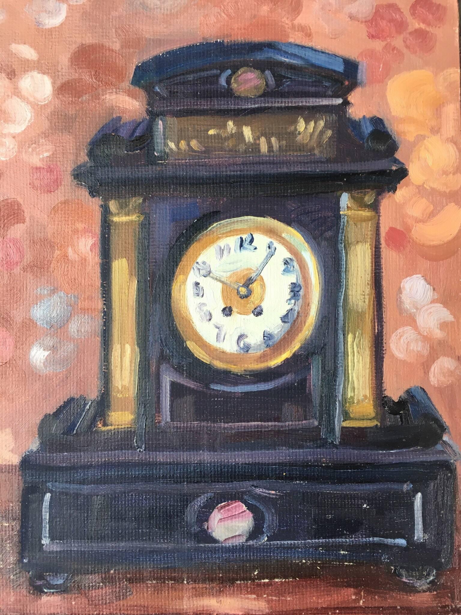 Nature morte - Peinture à l'huile d'une horloge de cheminée - Impressionnisme Painting par J.B. Holmes