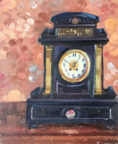 Vintage Still Life Oil Painting of a Mantel Piece Clock