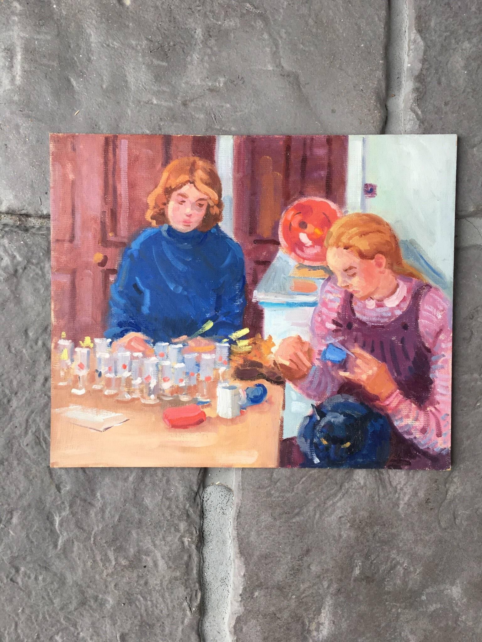 Deux femmes travaillant à la table de cuisine - Peinture à l'huile impressionniste  - Painting de J.B. Holmes