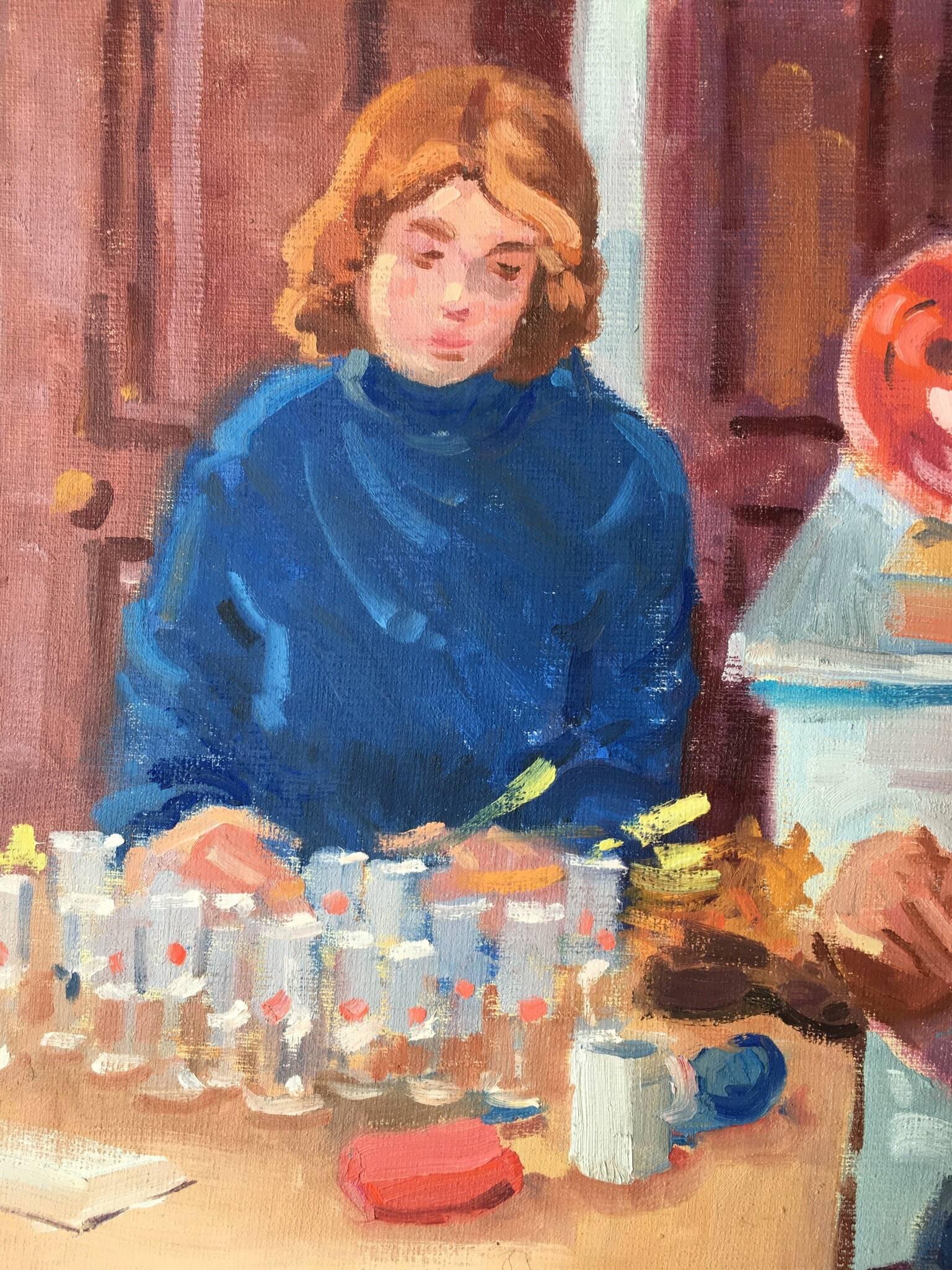 Deux femmes travaillant à la table de cuisine - Peinture à l'huile impressionniste  - Impressionnisme Painting par J.B. Holmes