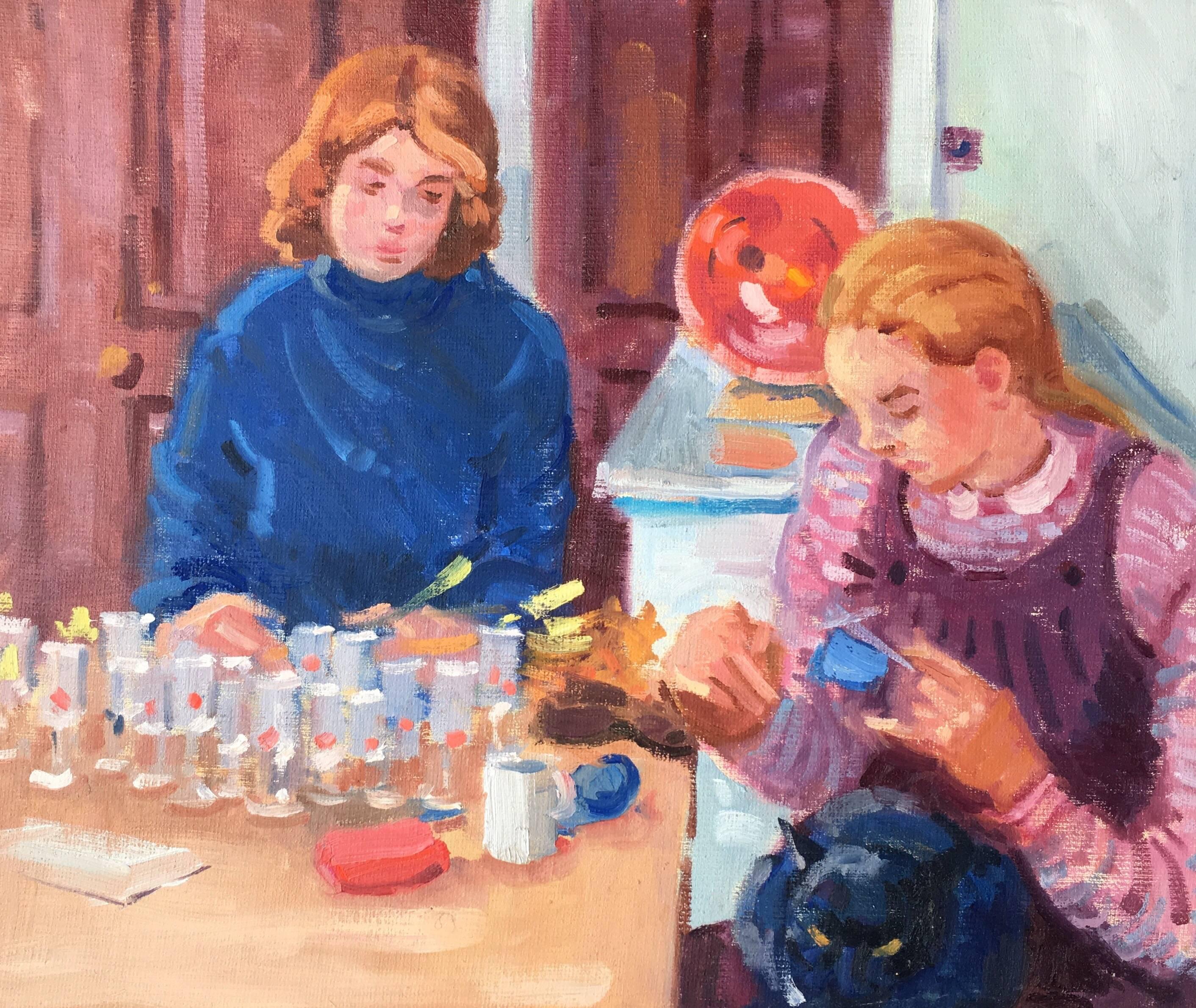 Interior Painting J.B. Holmes - Deux femmes travaillant à la table de cuisine - Peinture à l'huile impressionniste 