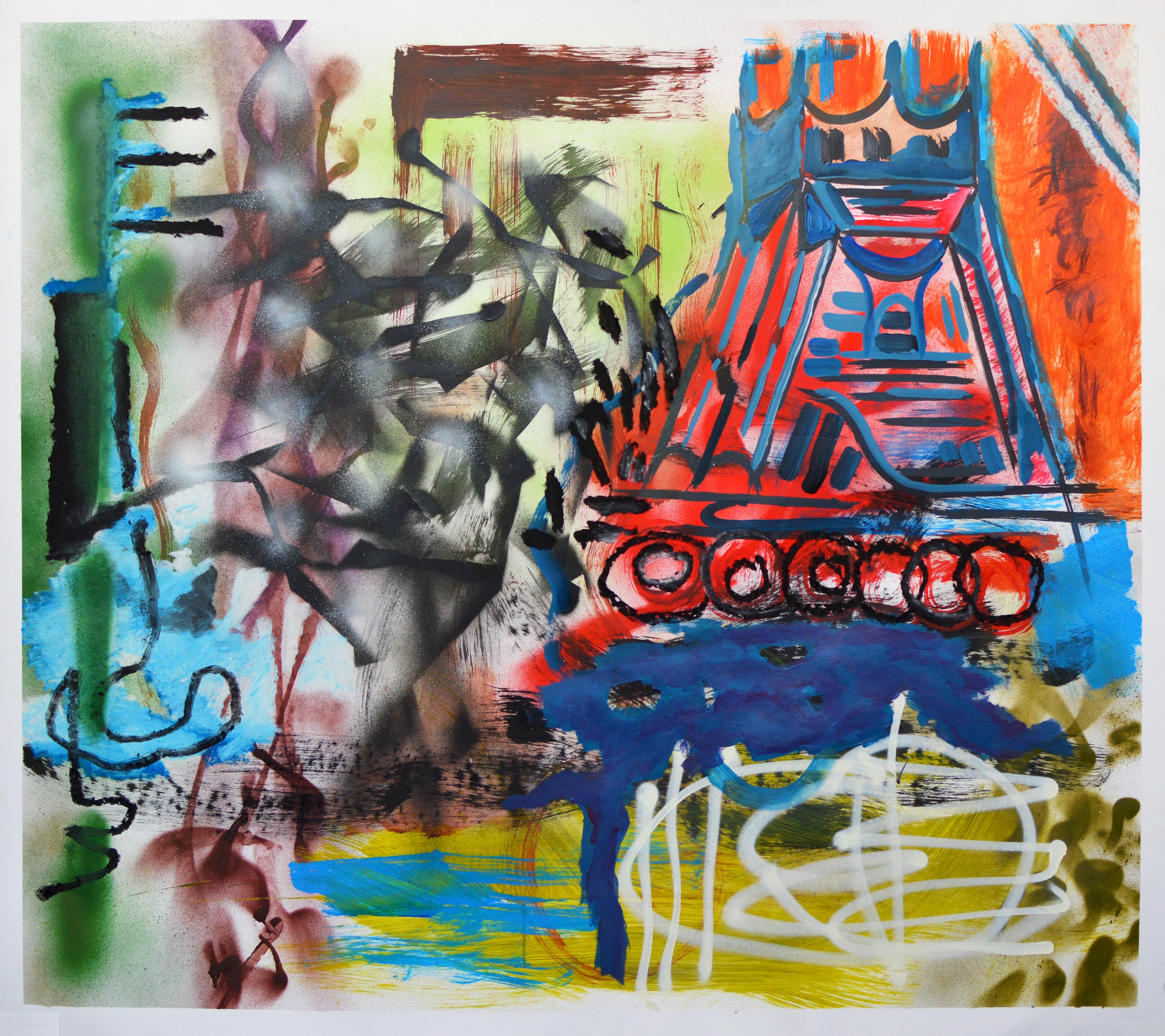 Abstract Painting JB Nearsy - Injustice (porte bleue) (expressionnisme, post-graffage, techniques mixtes, colorés)