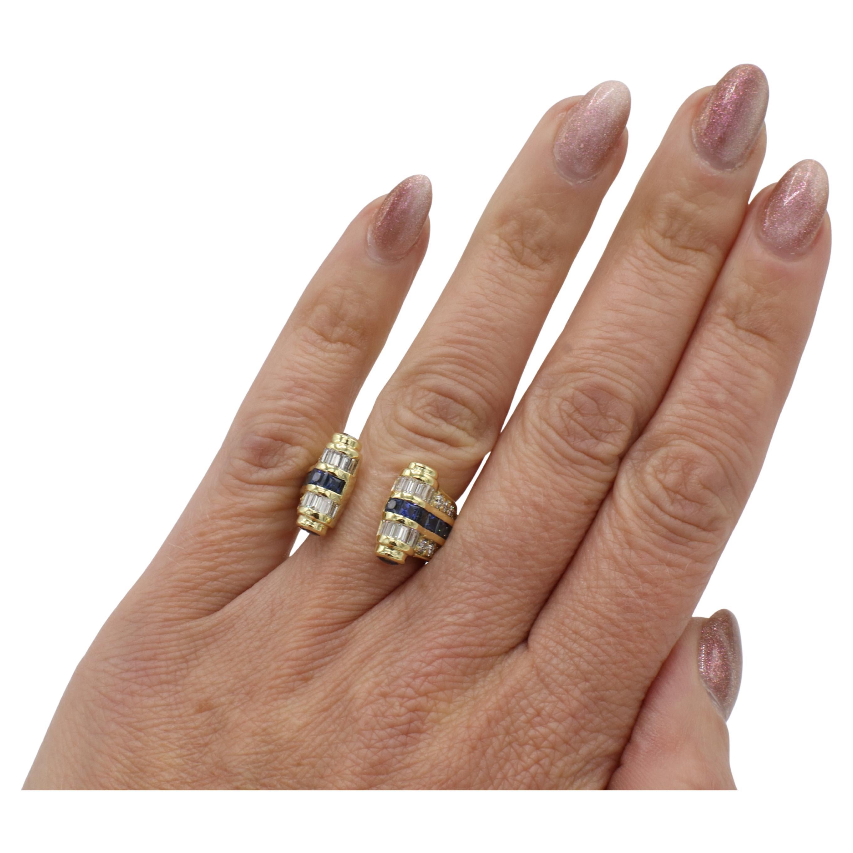 JB Star 18 Karat Gelbgold Natürlicher Diamant & Blauer Saphir Offener Bandring 
Metall: 18k Gelbgold
Gewicht: 12,55 Gramm
Diamanten: Ca. 1,60 CTW F-G VS runde & Baguette Naturdiamanten
Größe: 5.5 (US)
Unterzeichnet: JB Star 1003
Breite: 5 - 14mm
ITD