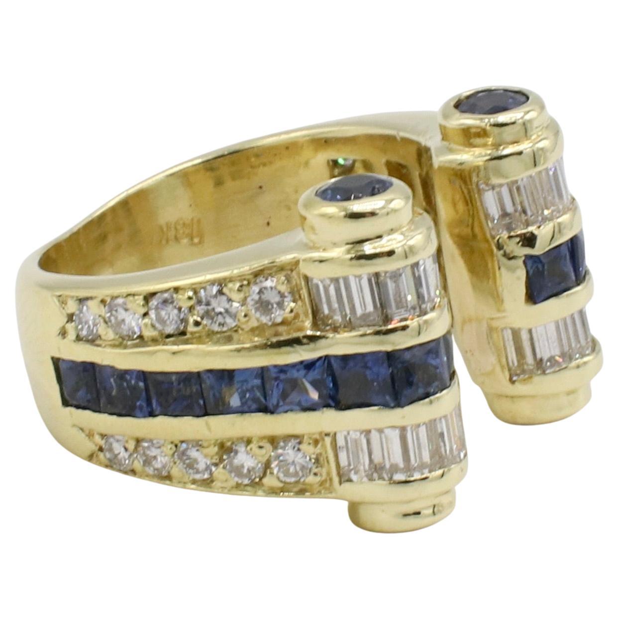 JB Star 18 Karat Gelbgold Natürlicher Diamant & Blauer Saphir Offener Bandring (Rundschliff) im Angebot
