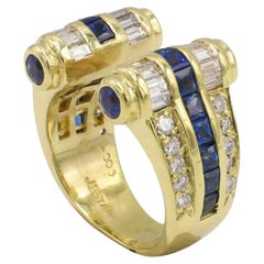 JB Star 18 Karat Yellow Gold Natural Diamond & Blue Sapphire Open Band Ring