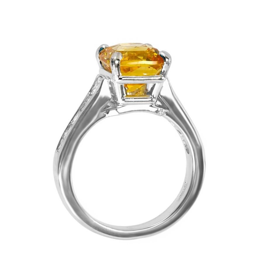 Cushion Cut JB Star GIA 4.41 Carat Yellow Orange Sapphire Diamond Platinum Engagement Ring For Sale