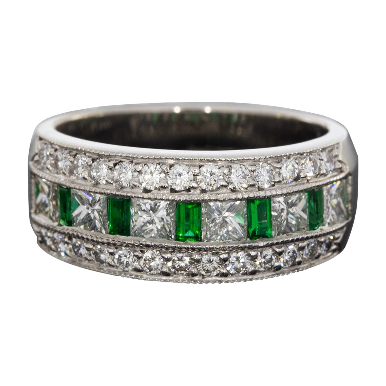 JB Star Platinum 1.20 Carat Baguette Cut Emerald and Diamond Band Ladies Ring