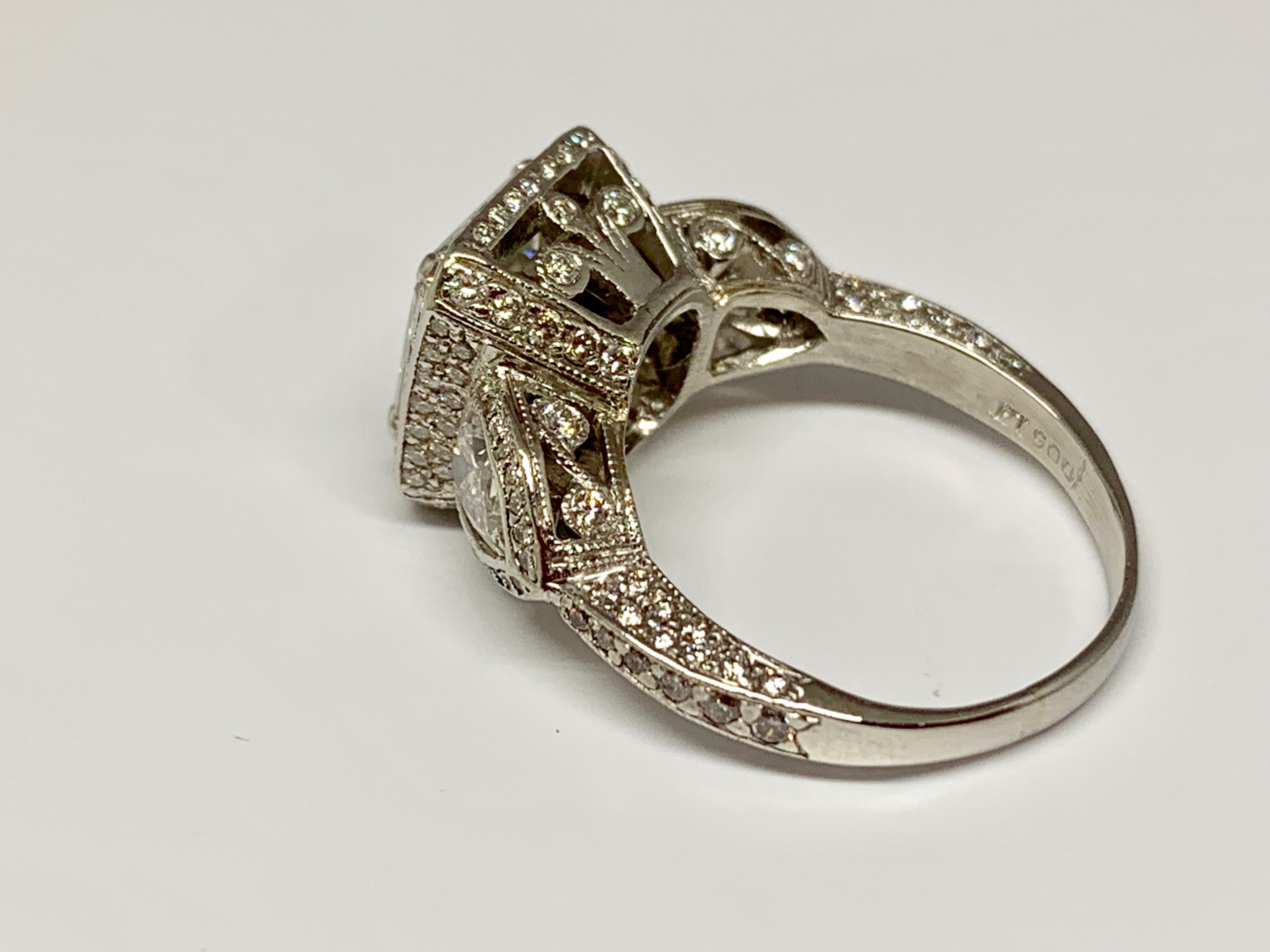 Art Deco JB Star Platinum 3.70 Carat Total Weight Radiant Cut Diamond Engagement Ring For Sale