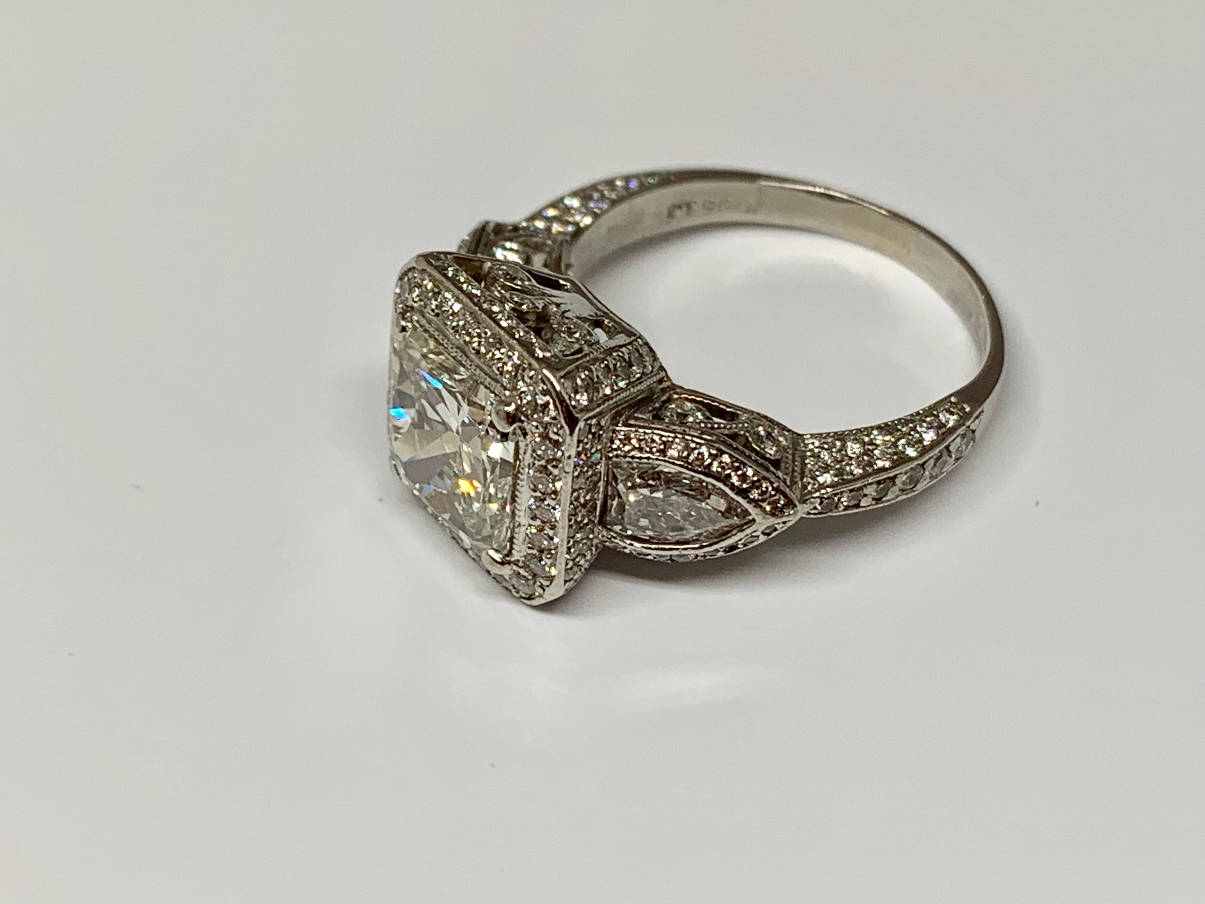 JB Star Platinum 3.70 Carat Total Weight Radiant Cut Diamond Engagement Ring In Excellent Condition For Sale In Gainesville , FL