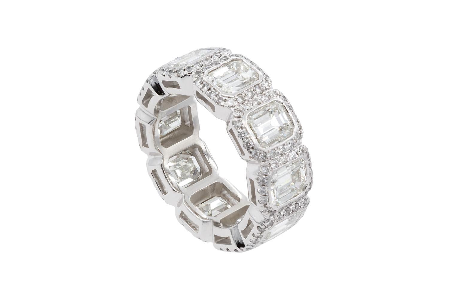 JB Star Platinum & Emerald Cut Diamond Halo Eternity Band 8.50ctw For Sale 3