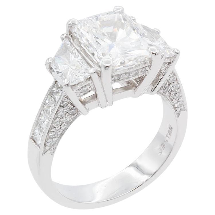JB Star Platinum & GIA Certified Radiant Cut Diamond Three Stone Engagement Ring For Sale
