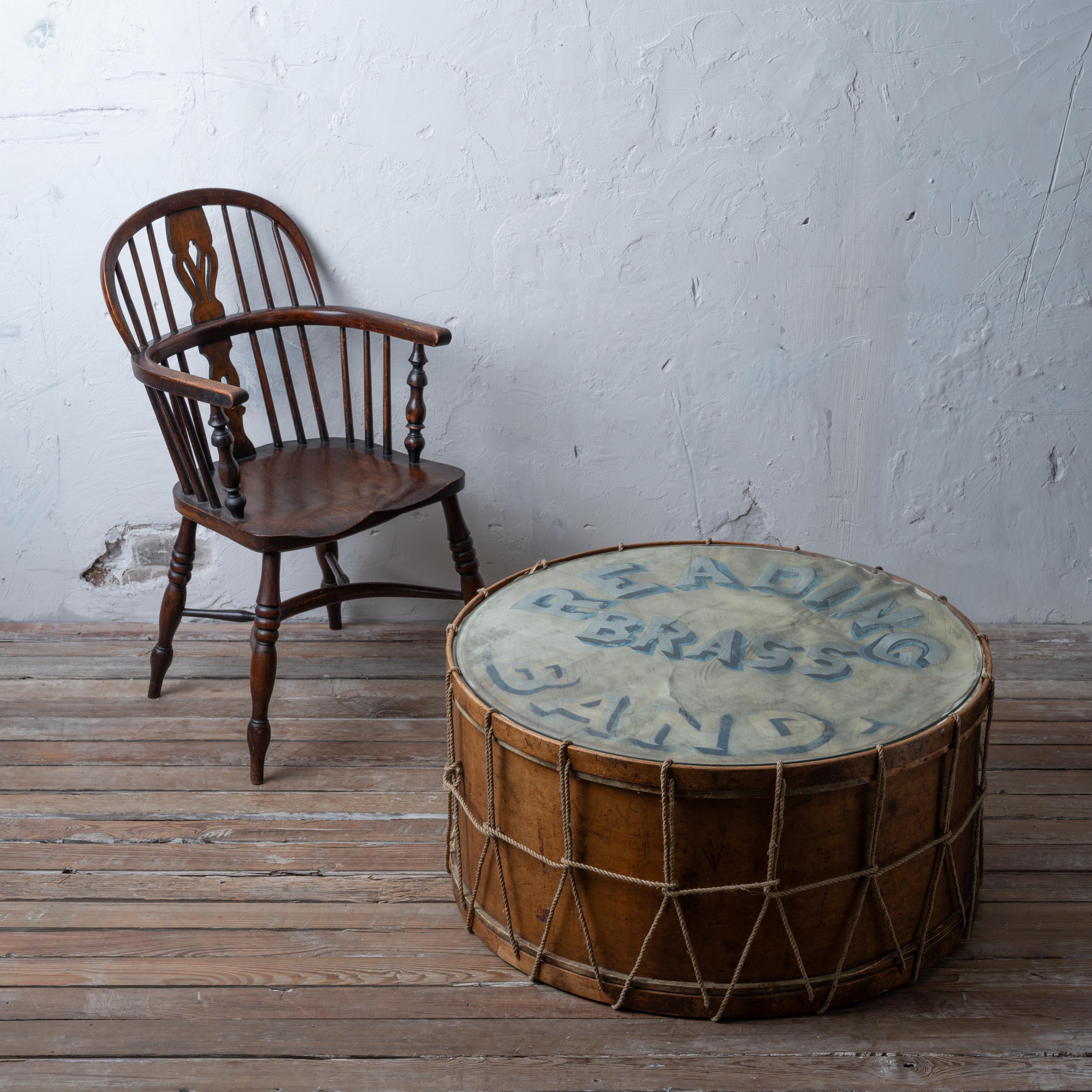 A large “Circular” drum made by J.B. Treat of Boston, circa 1860s.  Fitted glass top.

Used by the Reading Brass Band who are well documented in the Boston Globe as having performed at Republican rallies, veteran parades and many other events in the
