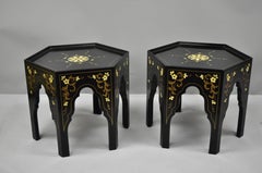 J.B. Van Sciver Black Chinoiserie Moroccan Style Hexagon Ebony Side Tables, Pair