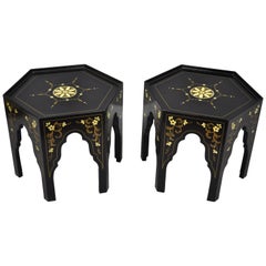 J.B. Van Sciver Black Chinoiserie Moroccan Style Hexagon Ebony Side Tables, Pair