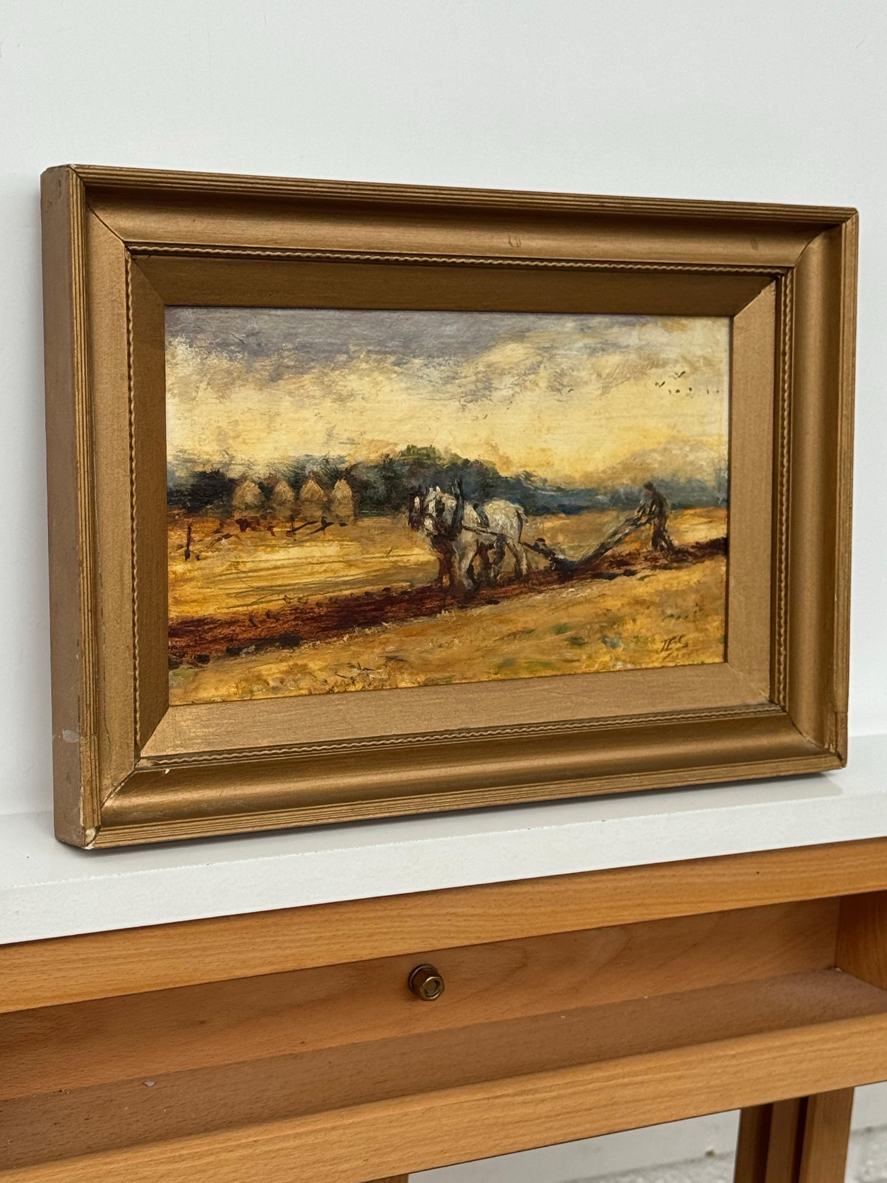 Chevaux labourant un champ avec un fermier dans la campagne anglaise par un artiste britannique en vente 7