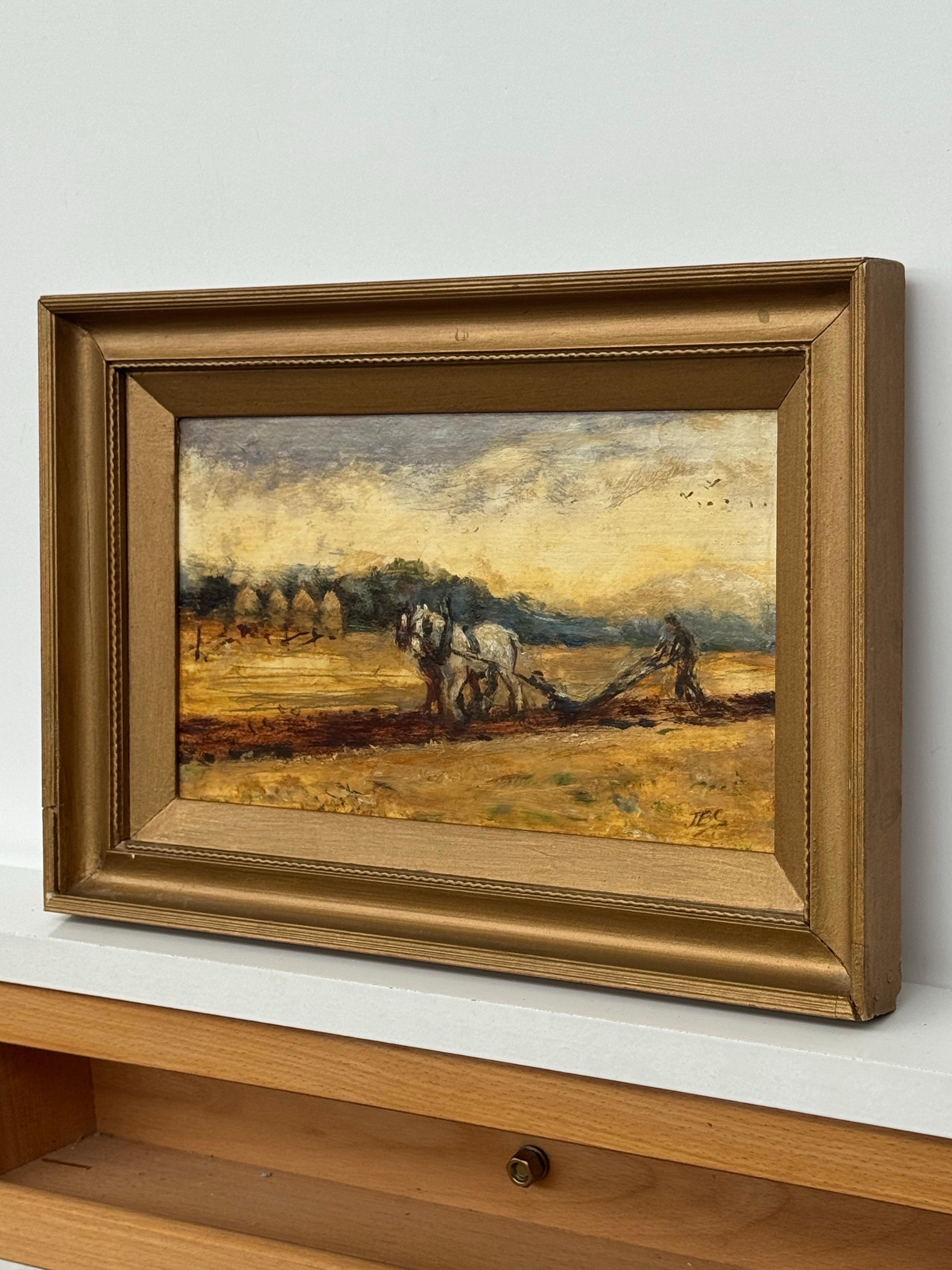 Chevaux labourant un champ avec un fermier dans la campagne anglaise par un artiste britannique en vente 8