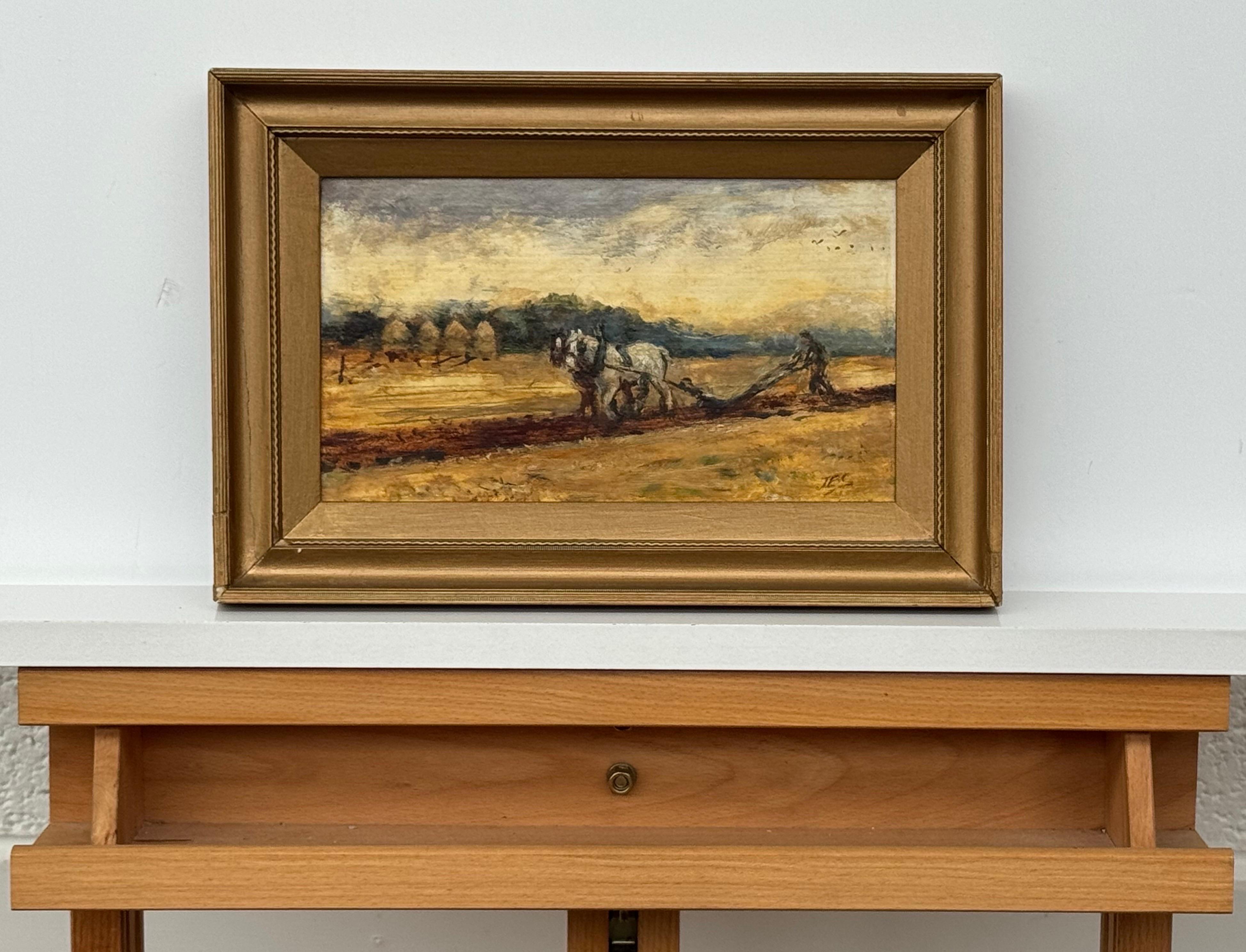 Chevaux labourant un champ avec un fermier dans la campagne anglaise par un artiste britannique - École anglaise Painting par JBC