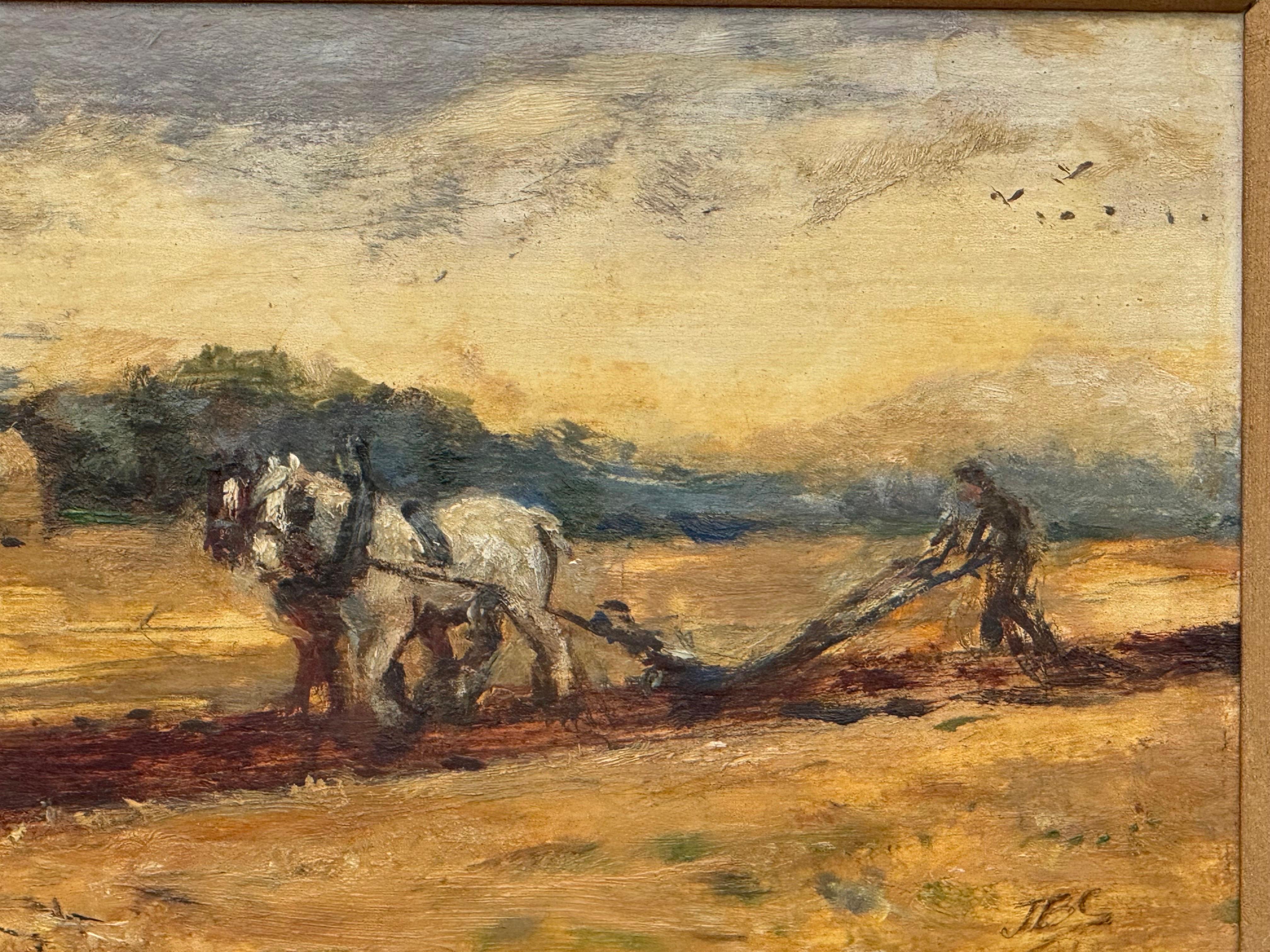 Chevaux labourant un champ avec un fermier dans la campagne anglaise par un artiste britannique - Marron Figurative Painting par JBC