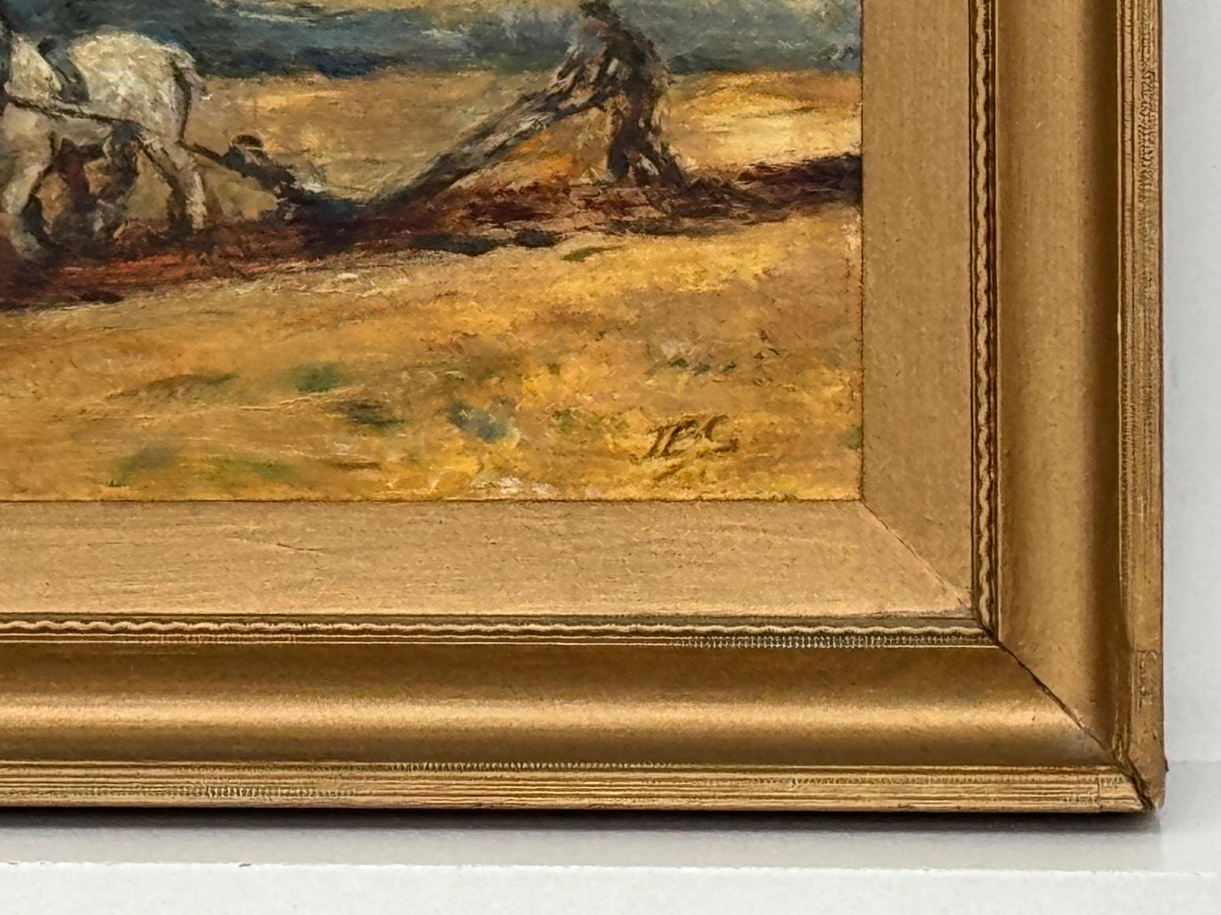 Chevaux labourant un champ avec un fermier dans la campagne anglaise par un artiste britannique en vente 1