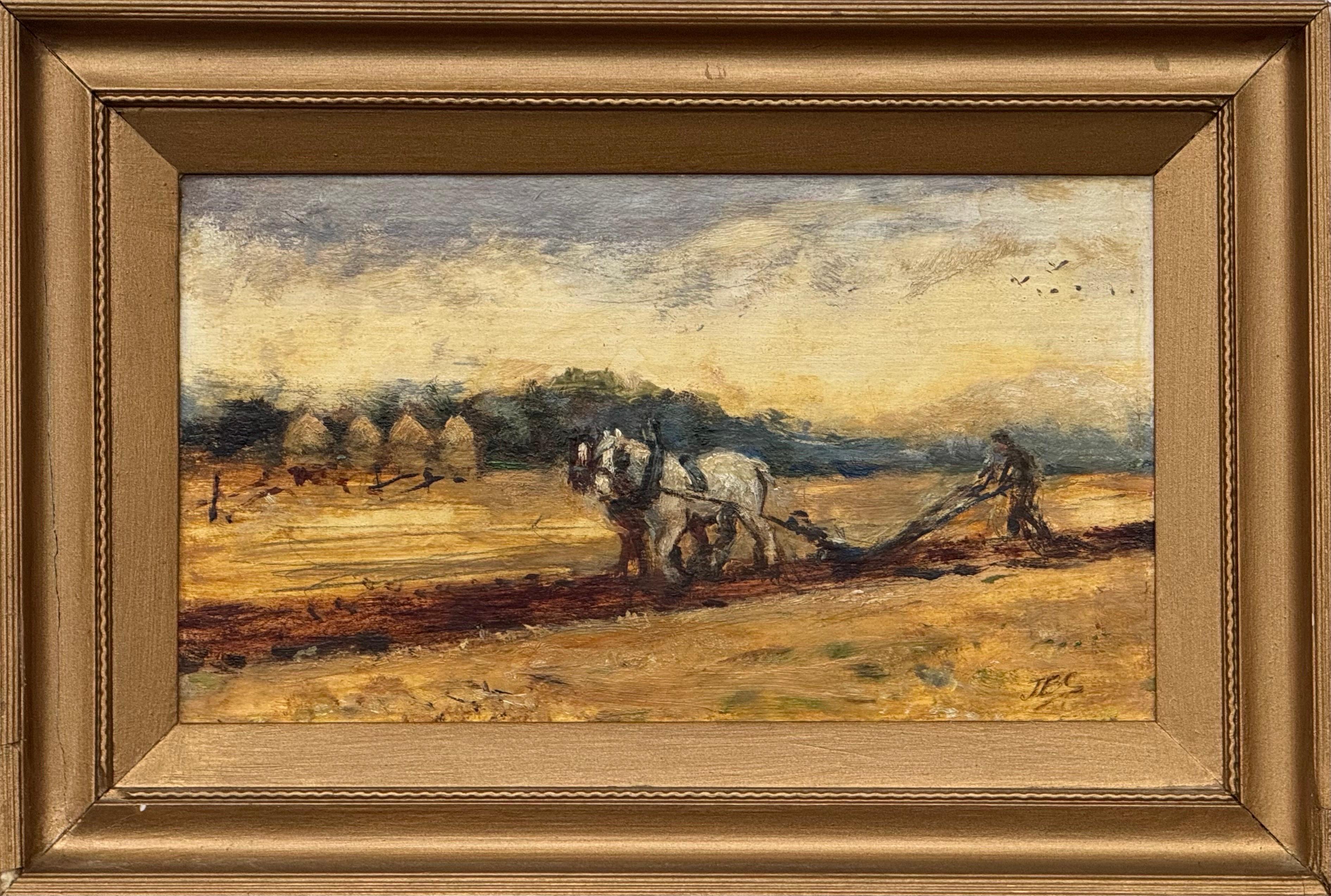 Pferde Pflügen Feld mit Landwirt in der englischen Landschaft von britischen Künstler