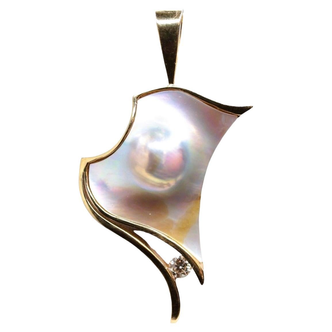 JBD 14K Yellow Gold Blister Pearl and VS2 Diamond Pendant .30 CTW For Sale