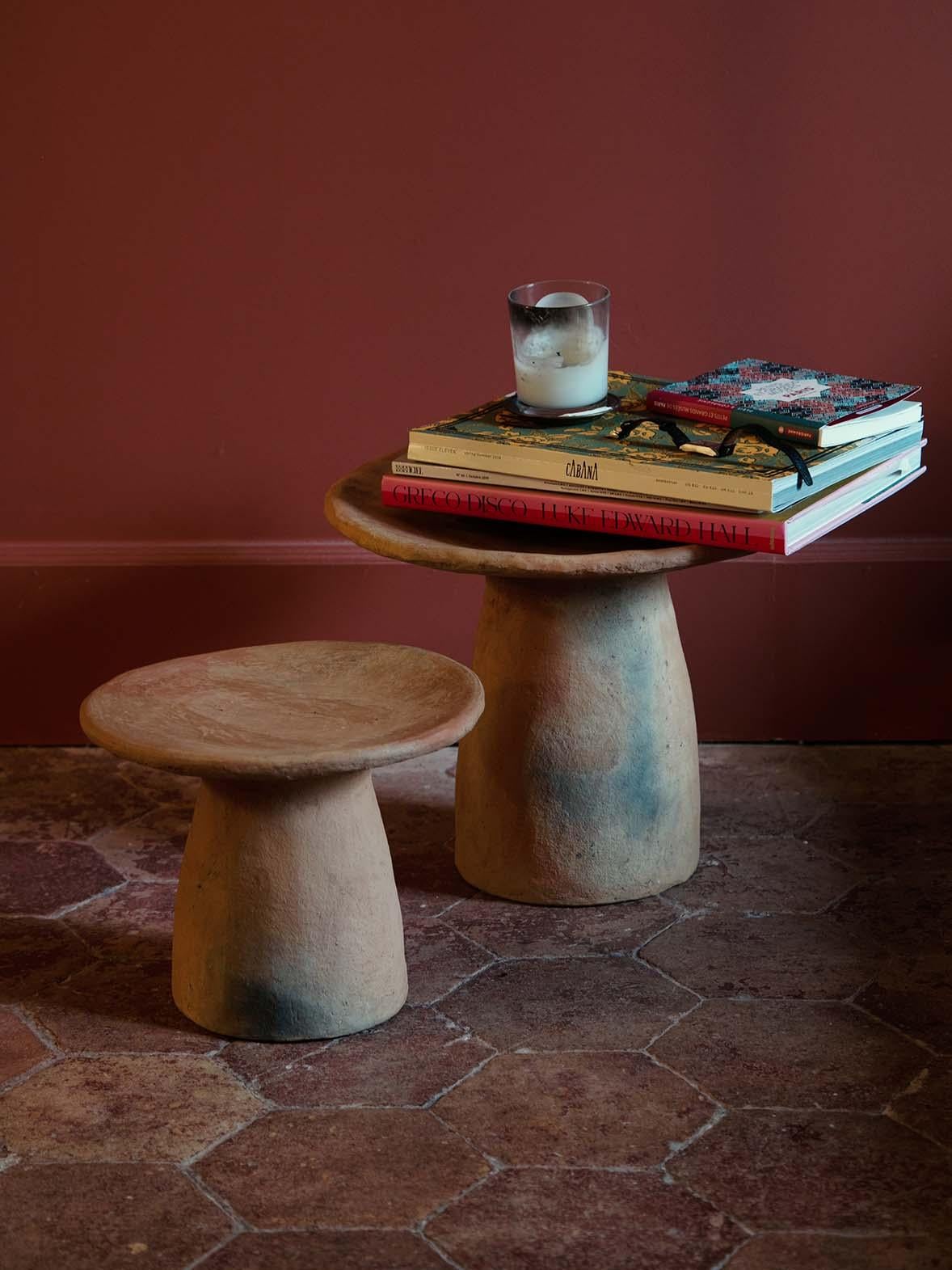 Arts and Crafts Terracotta contemporary Side Table Made of Clay, Handcrafted by the Potter Houda For Sale