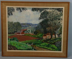 Vintage English Country Village Landscape Painting, 1950s, Framed