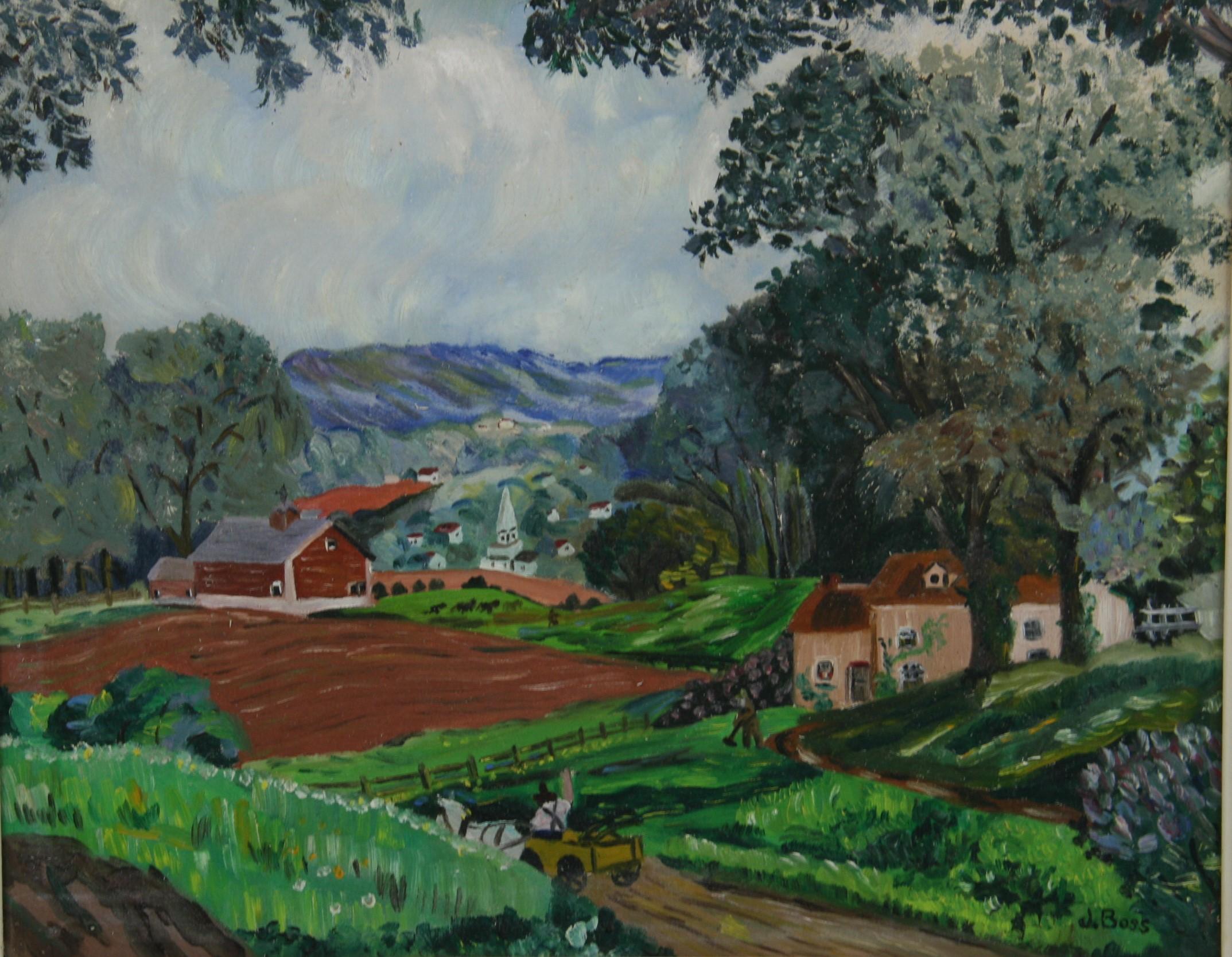 Vintage By rurale  Paesaggio del villaggio di campagna - Painting di J.Boss