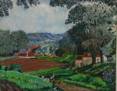 Vintage English Country Village Landscape Painting, 1950s, Framed