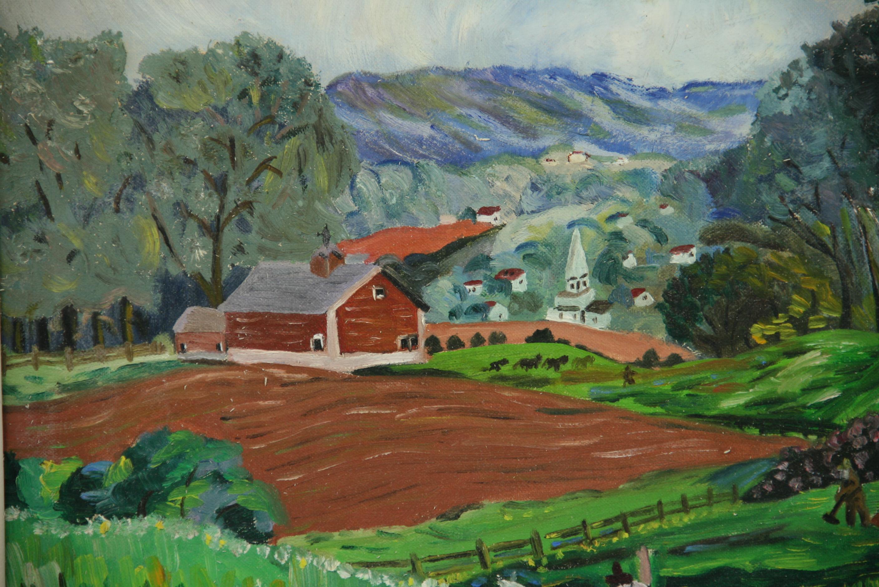 Vintage anglais rural  Paysage de village champêtre - Noir Landscape Painting par J.Boss