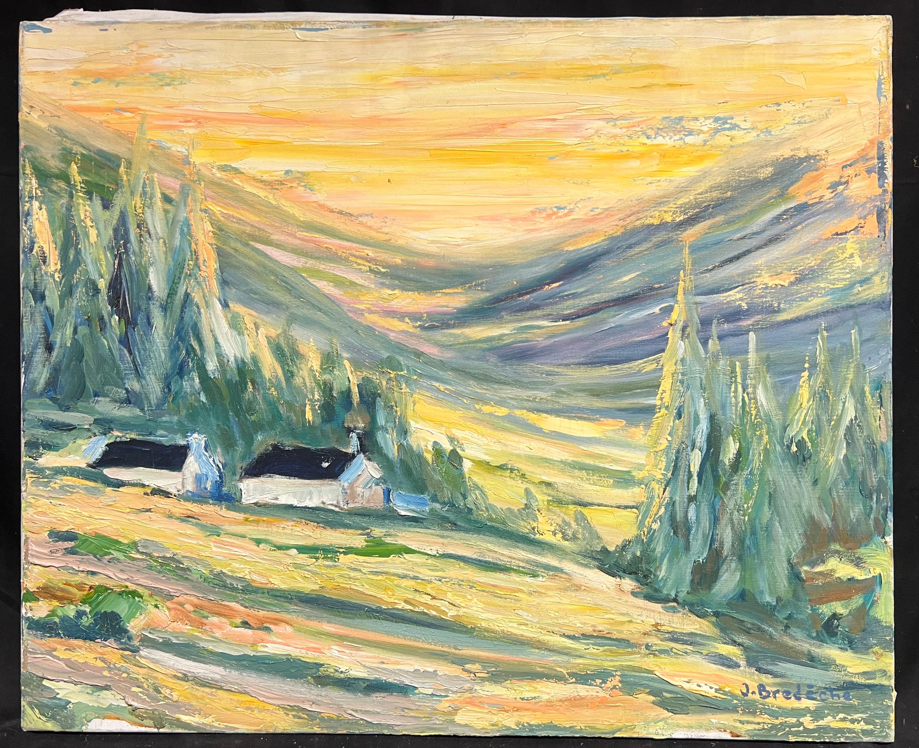 Französisches Golden Valley at Dusk Landschaft mit Rolling Hills und Cottages, Öl – Painting von J.Bredeche
