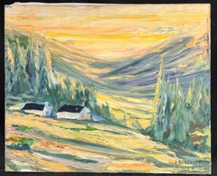 French Golden Valley at Dusk Landscape with Rolling Hills and Cottages Oil