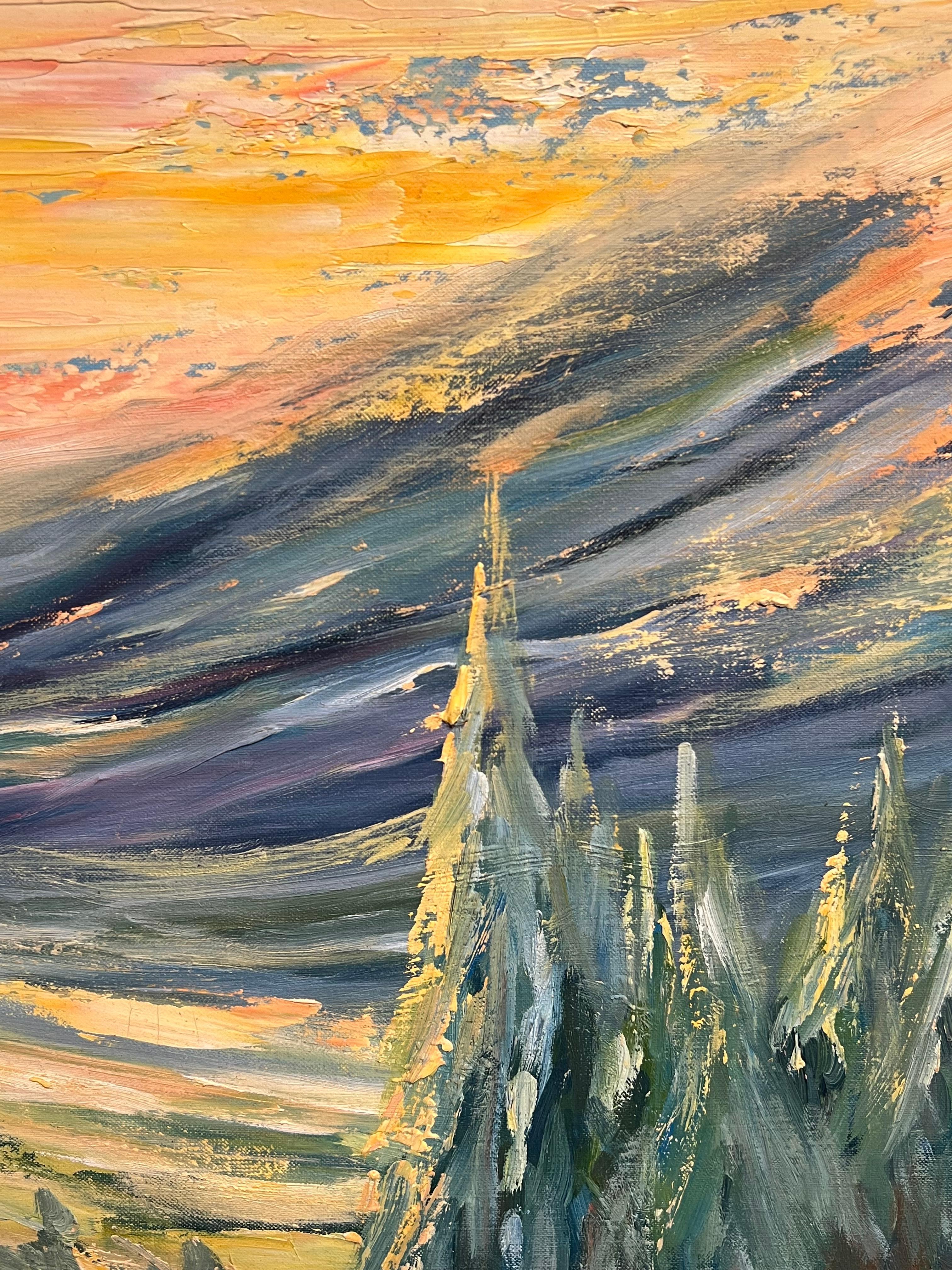 Französisches Golden Valley at Dusk Landschaft mit Rolling Hills und Cottages, Öl (Post-Impressionismus), Painting, von J.Bredeche