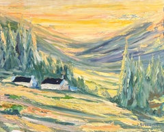 French Golden Valley at Dusk Landscape with Rolling Hills and Cottages Oil