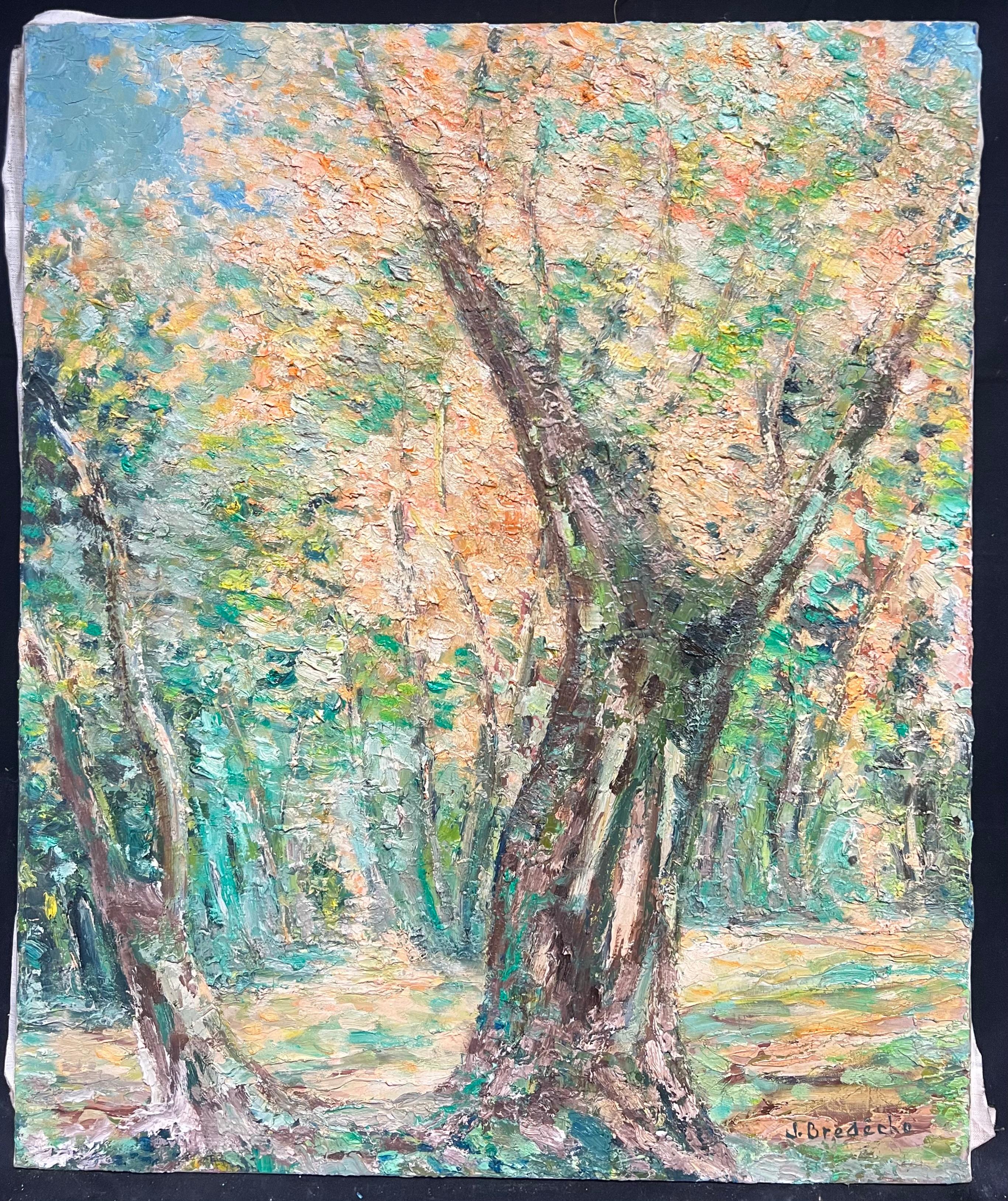 Große 1970's Französisch Post-Impressionist Ölgemälde von Dappled Sunlit Forest – Painting von J.Bredeche