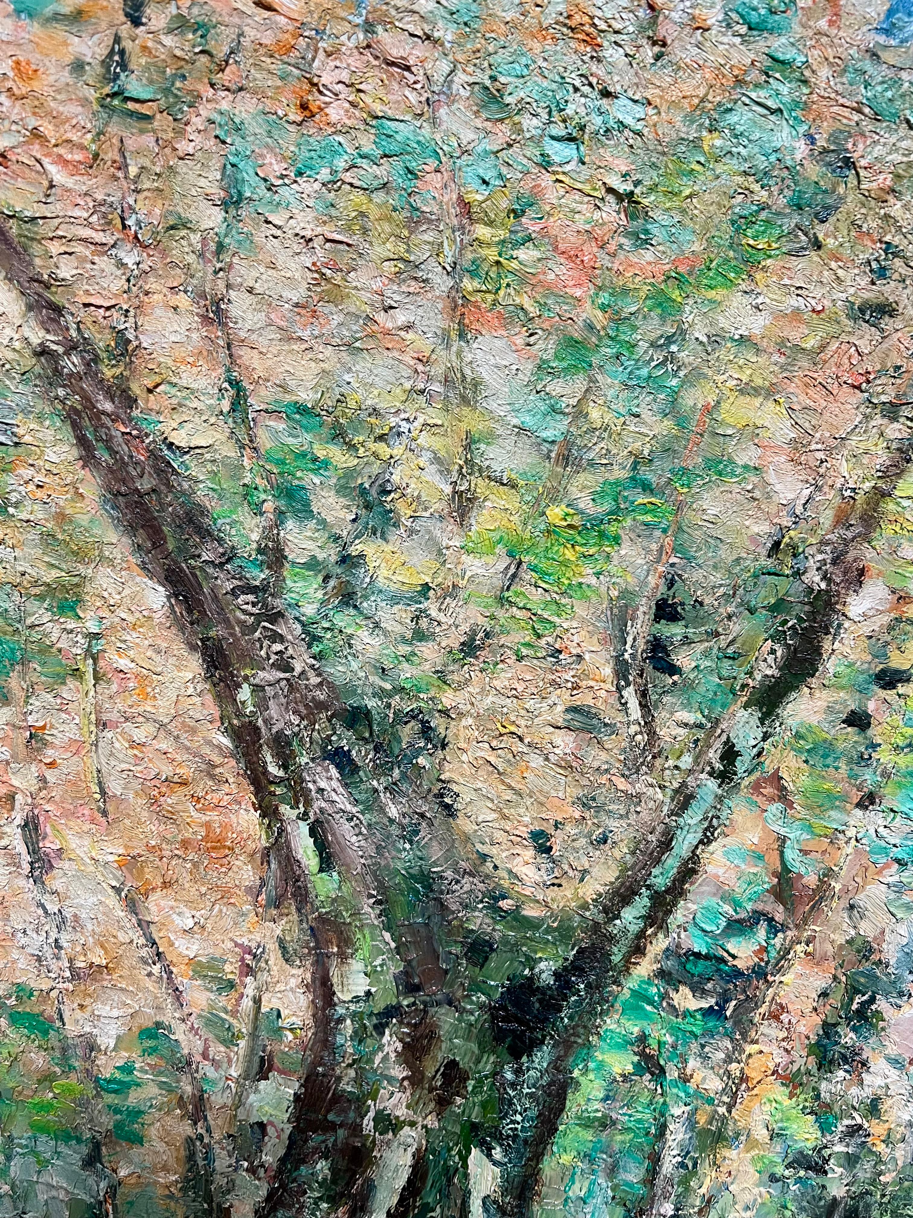 Große 1970's Französisch Post-Impressionist Ölgemälde von Dappled Sunlit Forest (Post-Impressionismus), Painting, von J.Bredeche