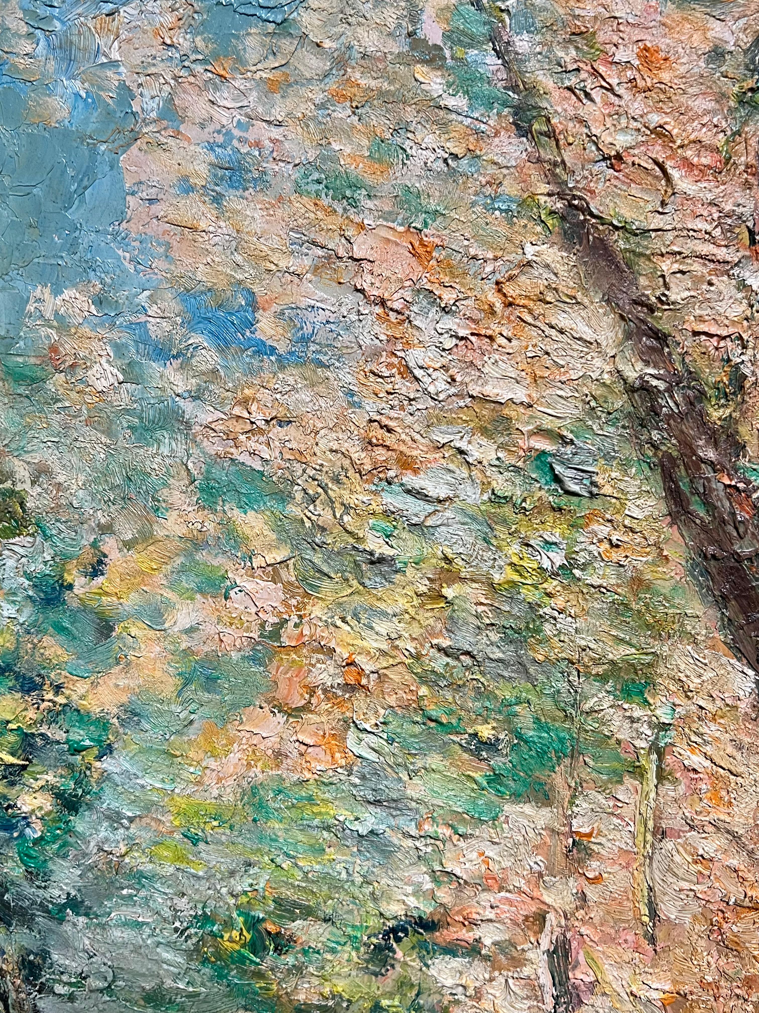Große 1970's Französisch Post-Impressionist Ölgemälde von Dappled Sunlit Forest (Grau), Figurative Painting, von J.Bredeche