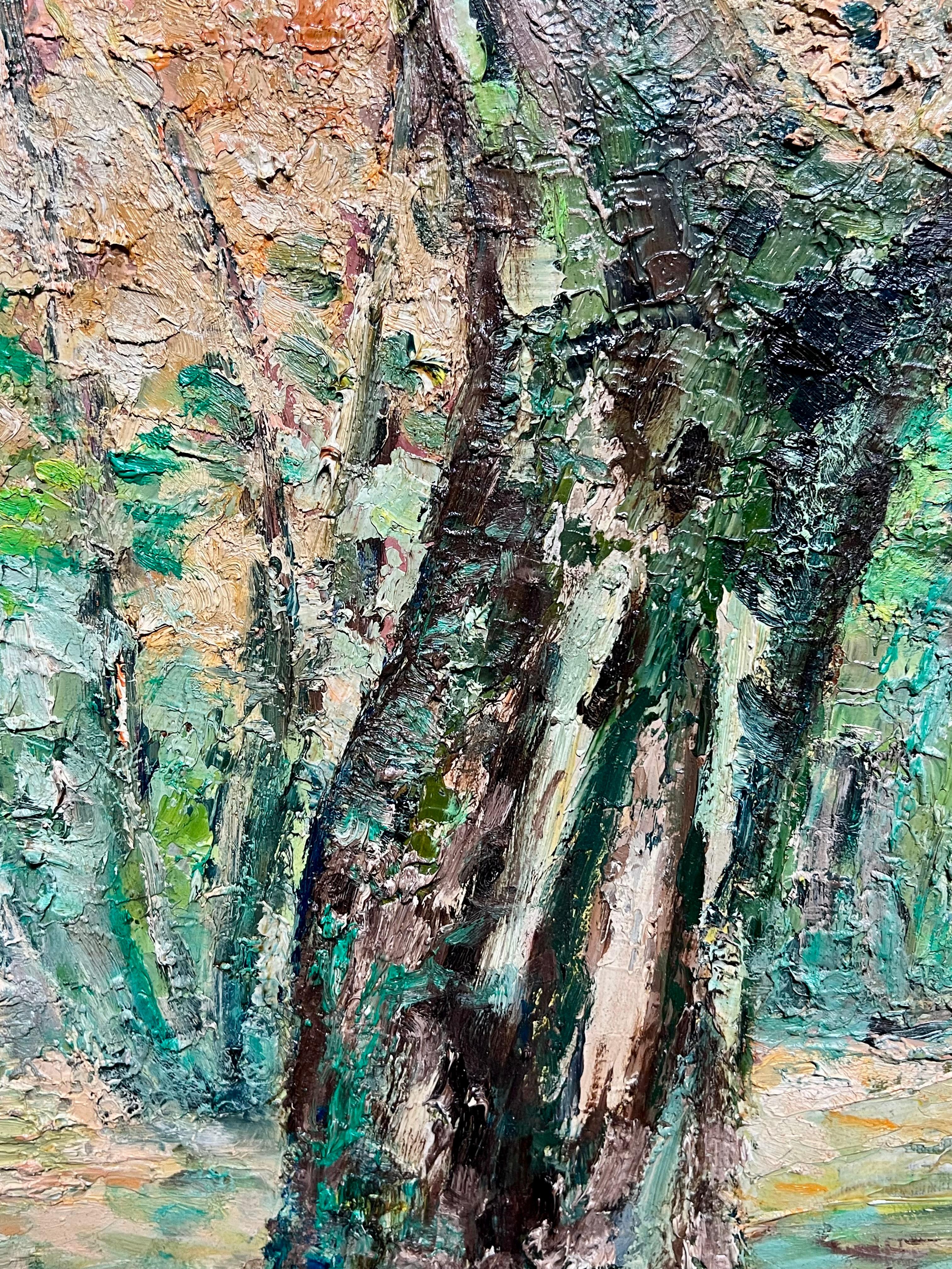 Große 1970's Französisch Post-Impressionist Ölgemälde von Dappled Sunlit Forest im Angebot 1