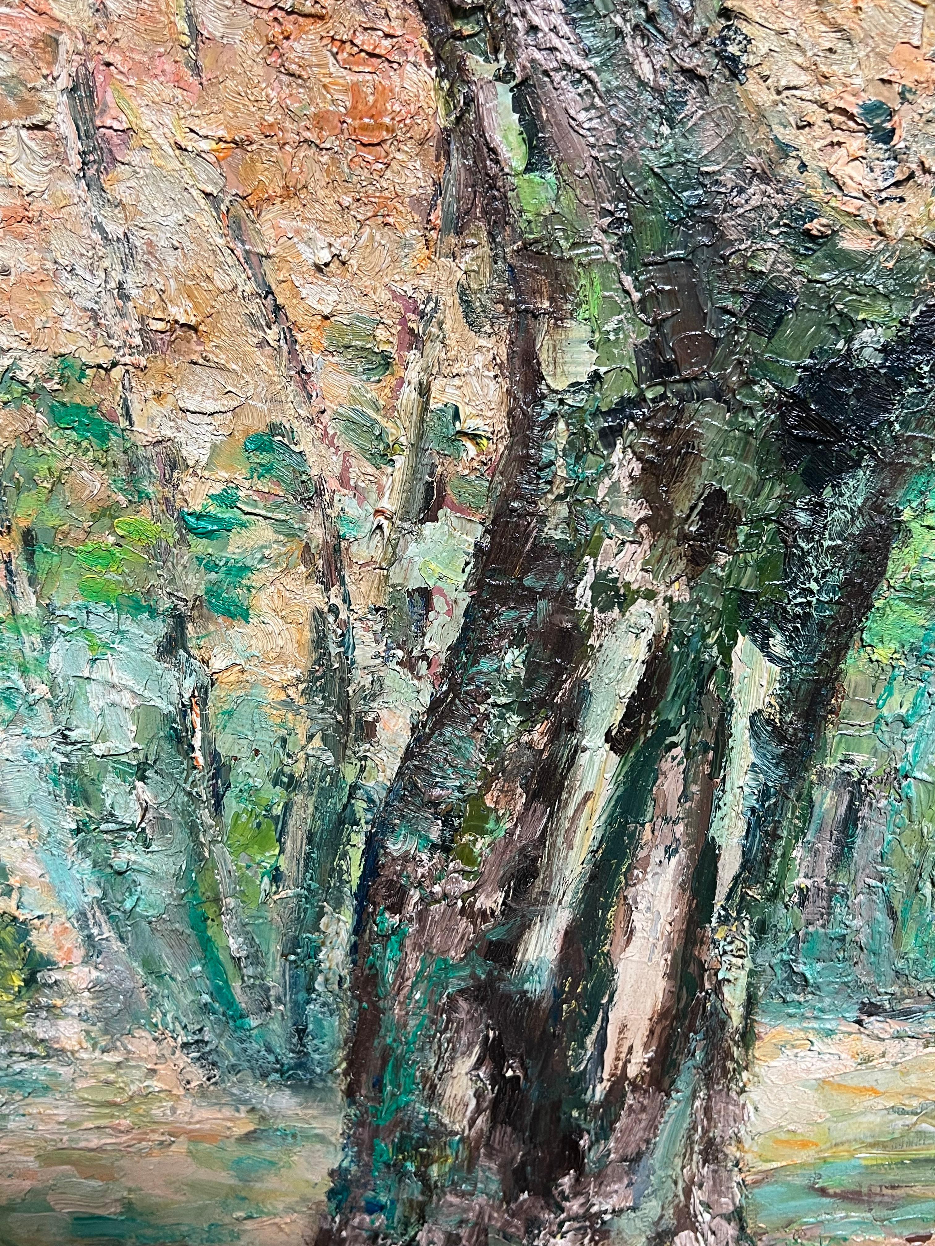 Große 1970's Französisch Post-Impressionist Ölgemälde von Dappled Sunlit Forest im Angebot 2