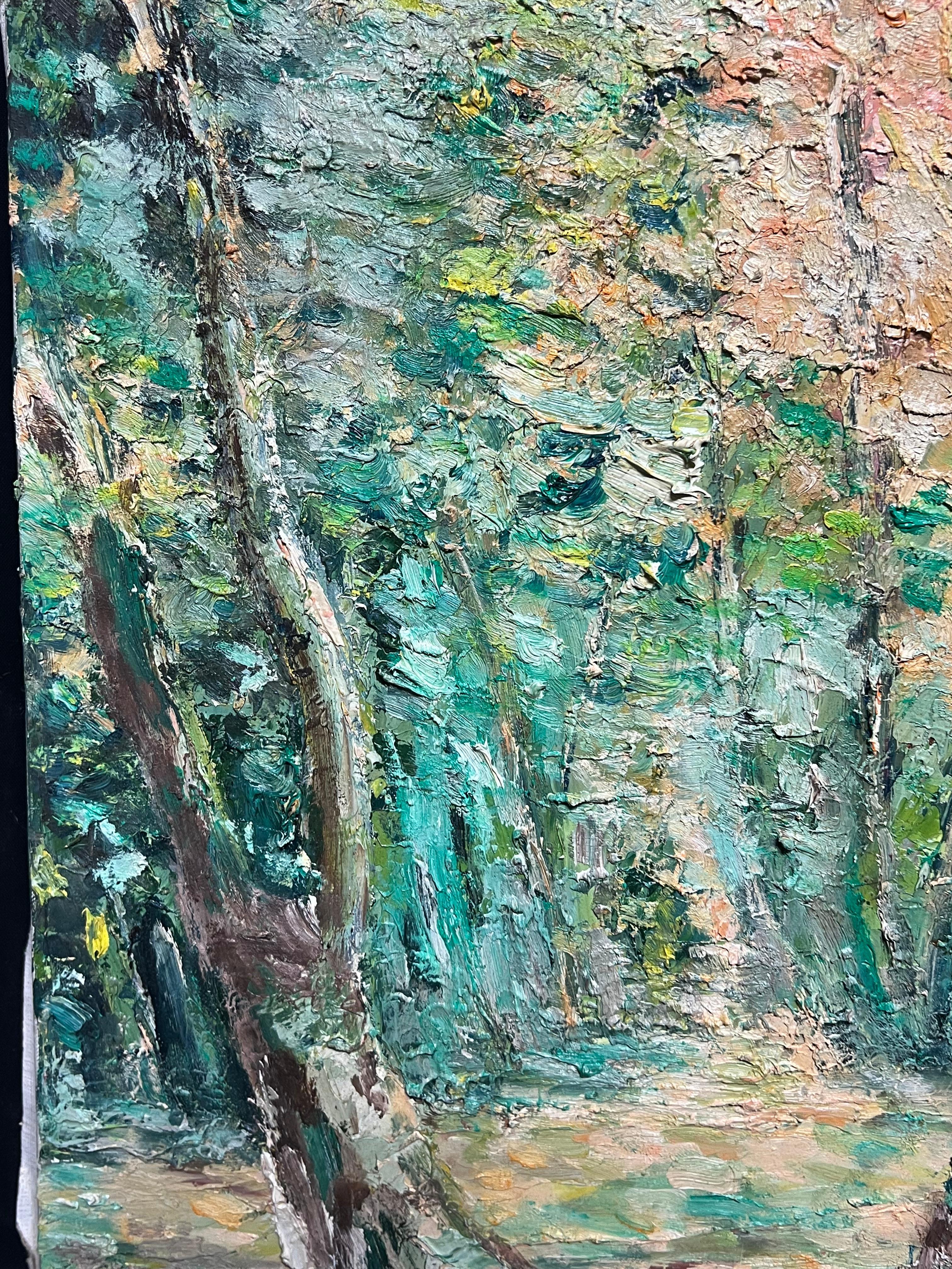 Große 1970's Französisch Post-Impressionist Ölgemälde von Dappled Sunlit Forest im Angebot 3